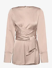 Malina - Demi wrapped front satin blouse - langermede bluser - greige - 0