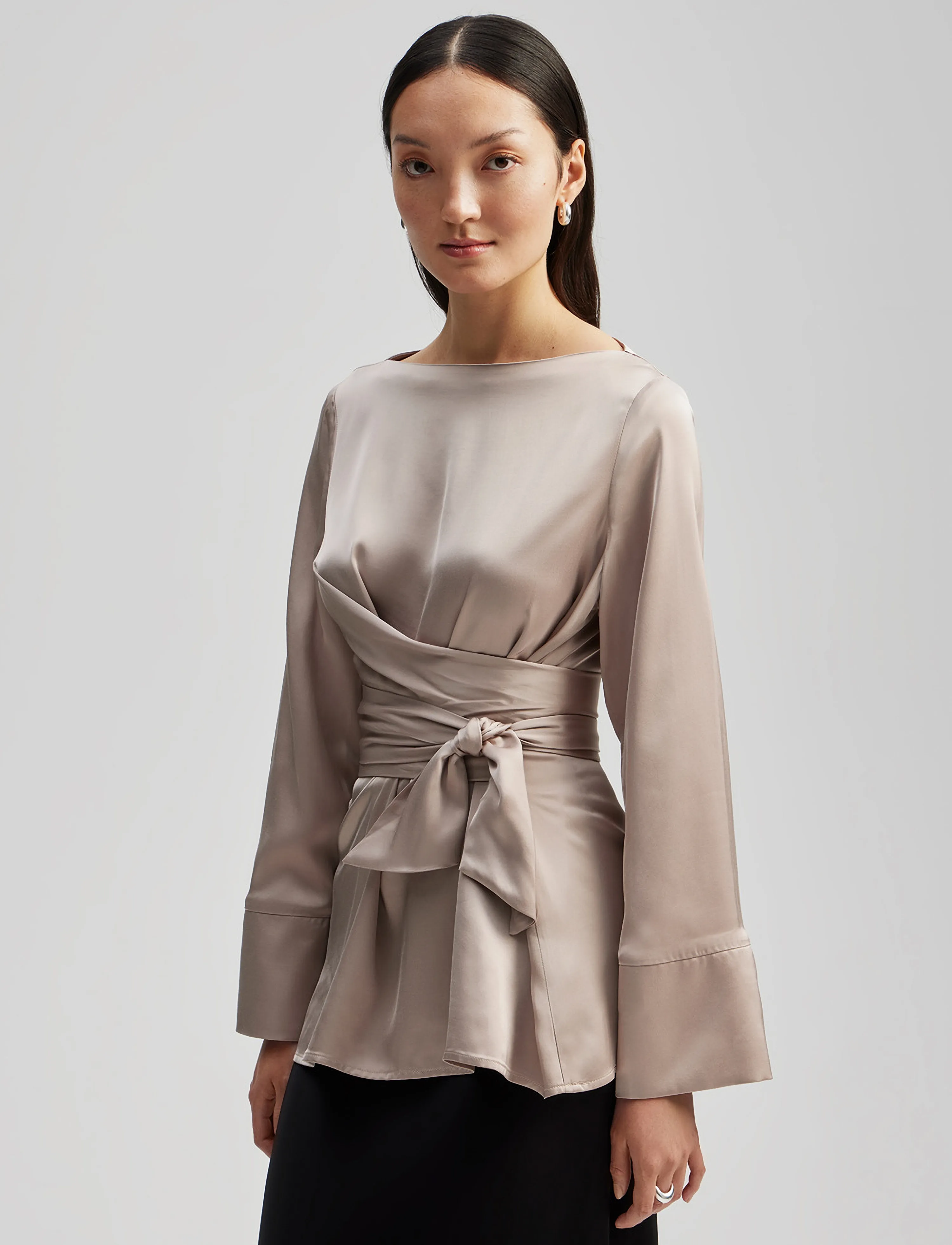 Malina - Demi wrapped front satin blouse - greige - 3