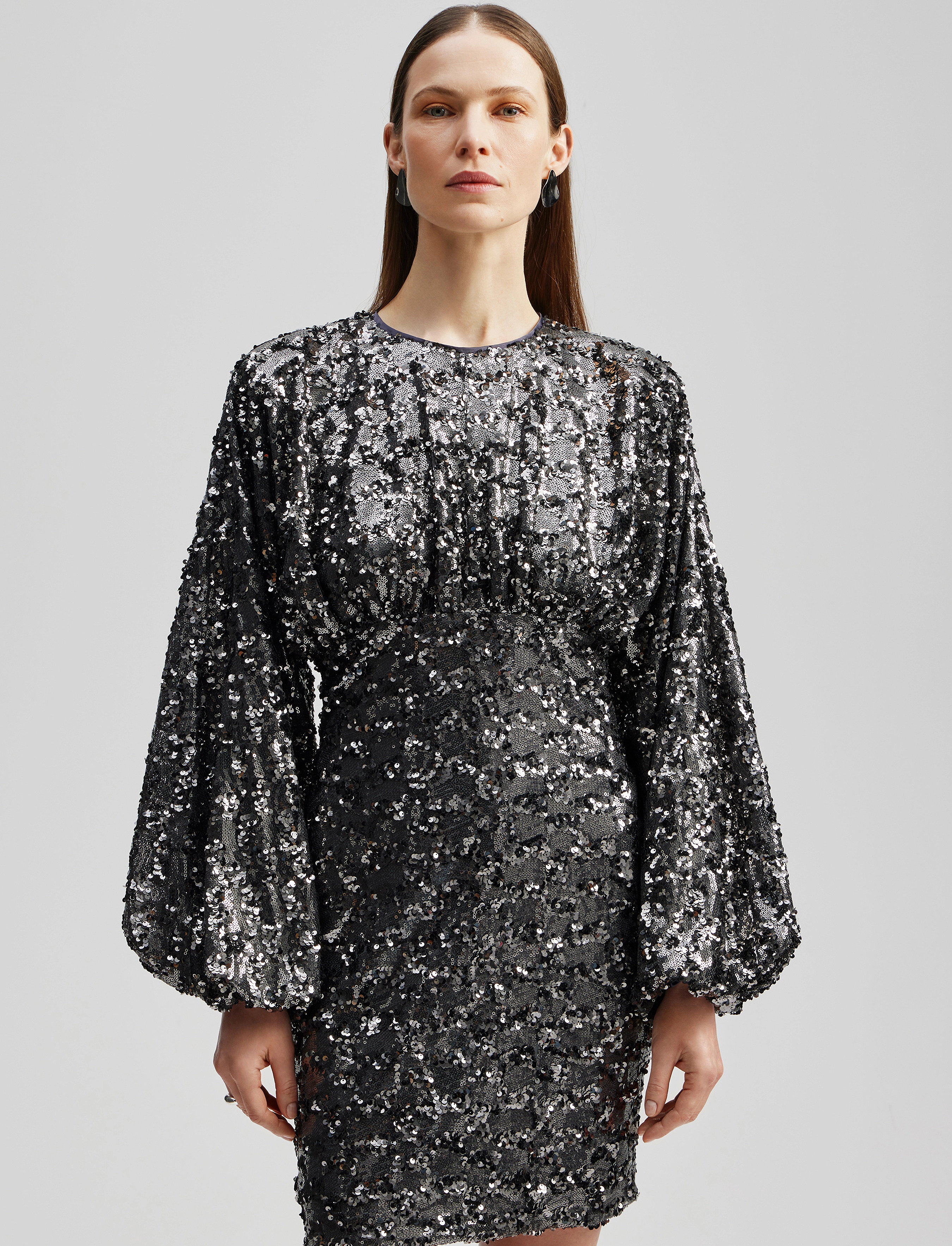 Malina - Alexandra balloon sleeve sequin mini dress - pailletkjoler - smoke - 4