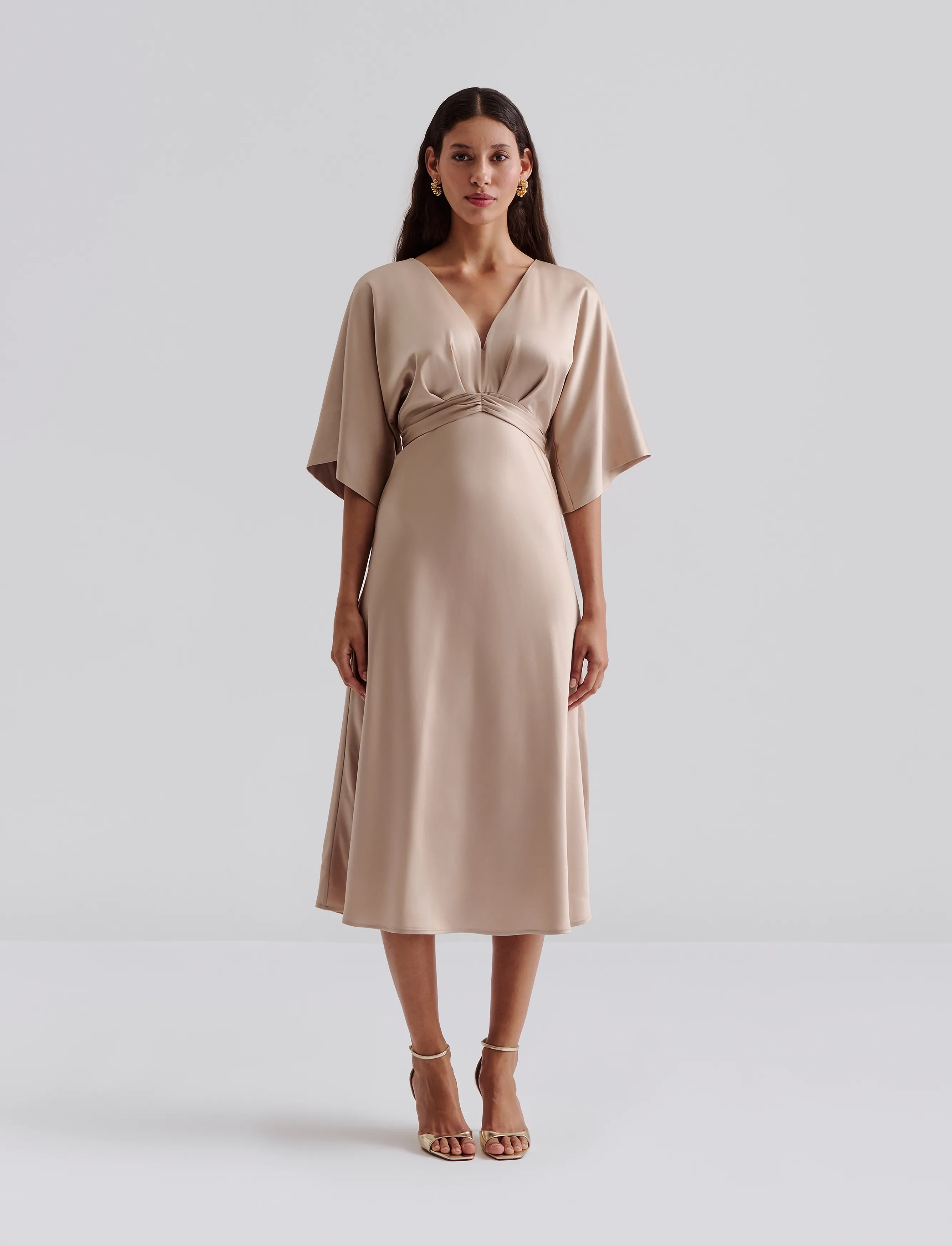 Malina Juno v-neck satin midi dress - Midikleider - CHAMPAGNE / beige