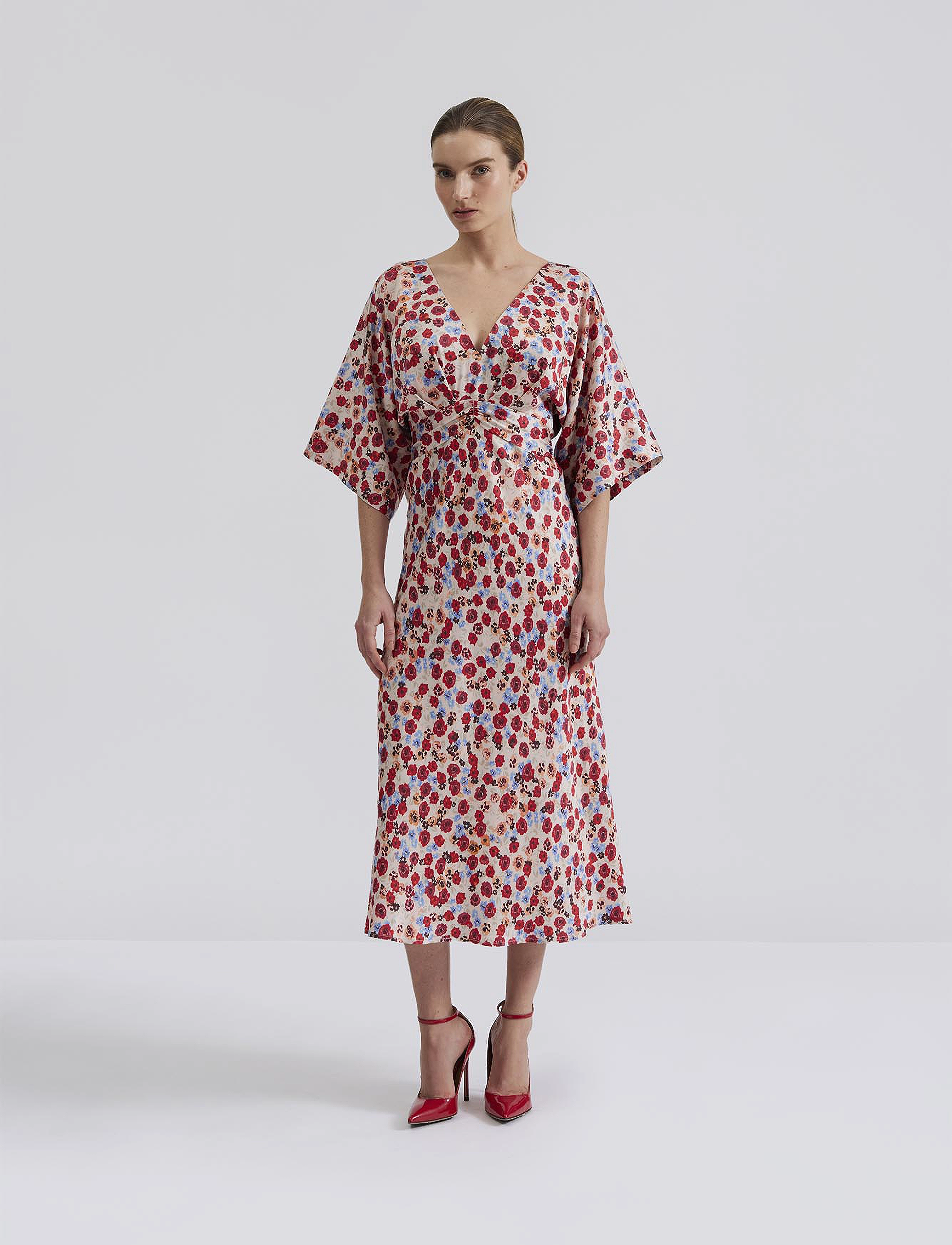 Malina Juno V-Neck Satin Midi Dress, XS, Designer, Rosa - Knee-length & Midi, Frauen
