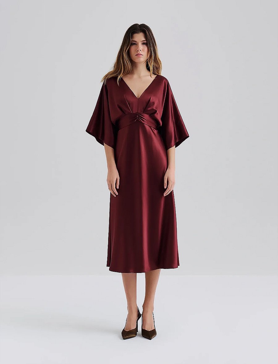 Malina - Juno V-Neck Satin Midi Dress - cocktailkleider - wine - 0