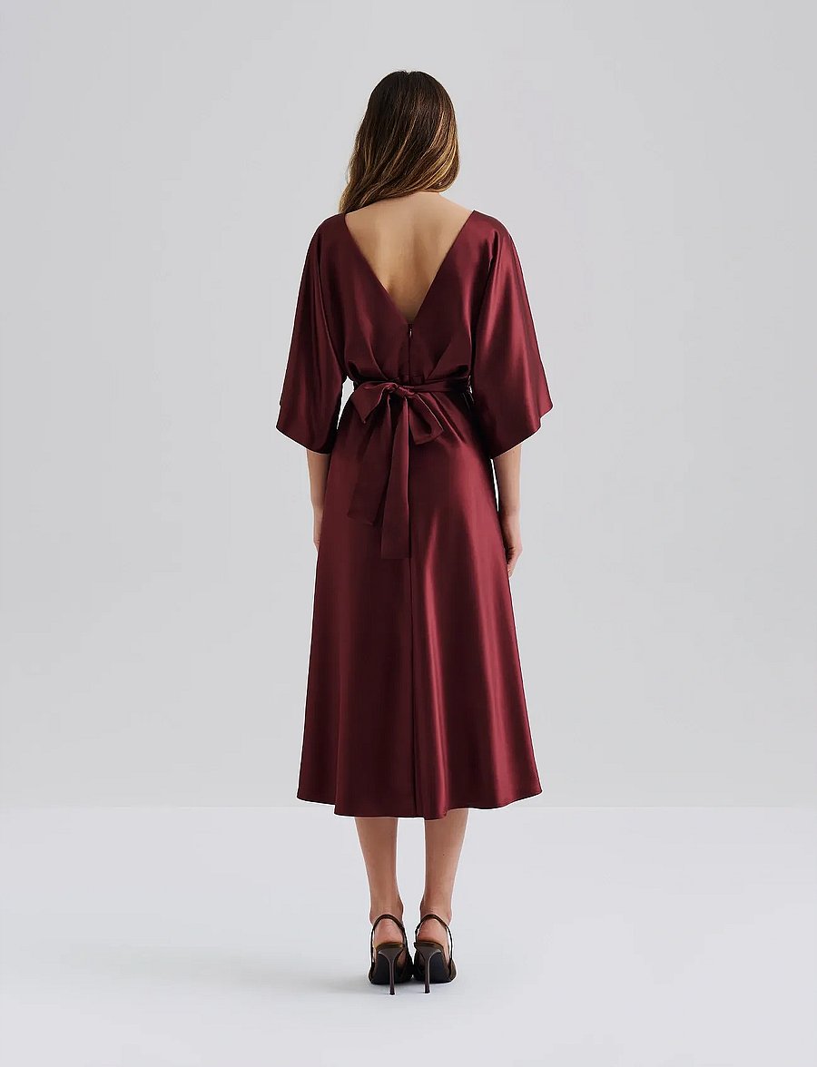 Malina - Juno V-Neck Satin Midi Dress - cocktailkleider - wine - 3