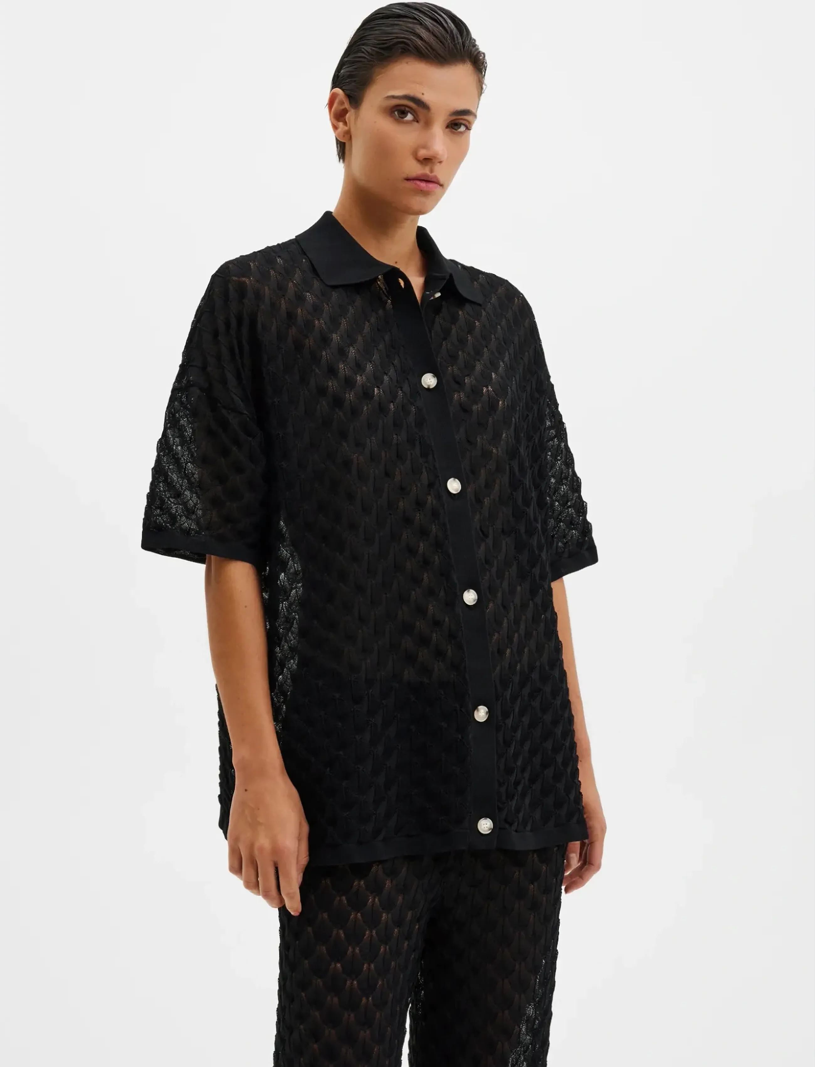 Malina Moa Knitted Shirt, Kvinder, Kortærmet Strikket Skjorte, Sort, Str: XL