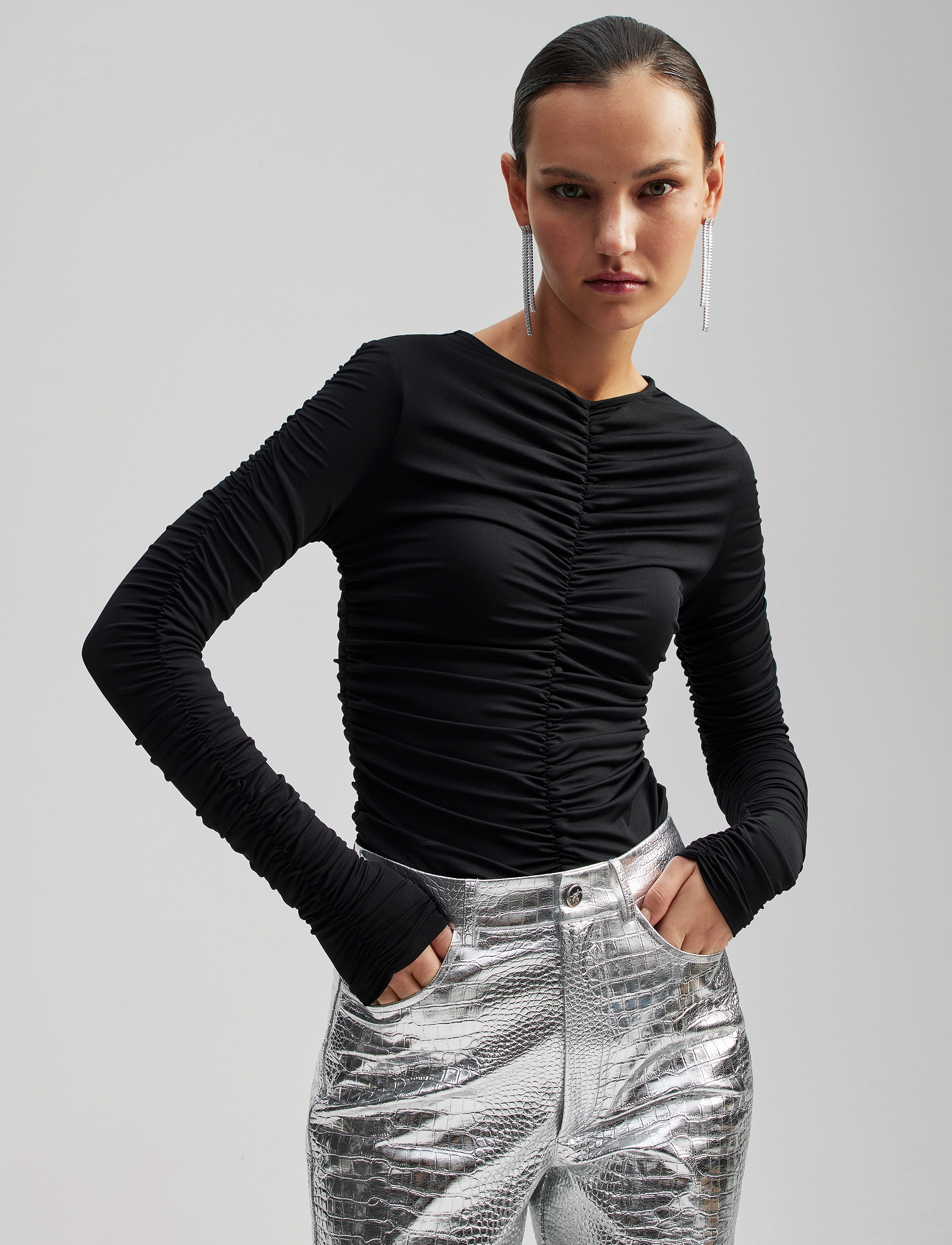 Malina - Lydia long sleeve draped jersey top - black - 4