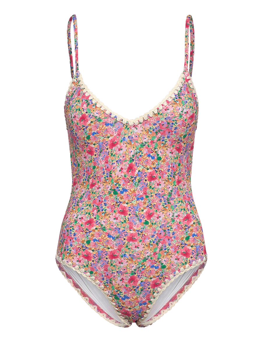Malina - Nila v-neck crochet trimmed swimsuit - baddräkter - pink ditsy - 0