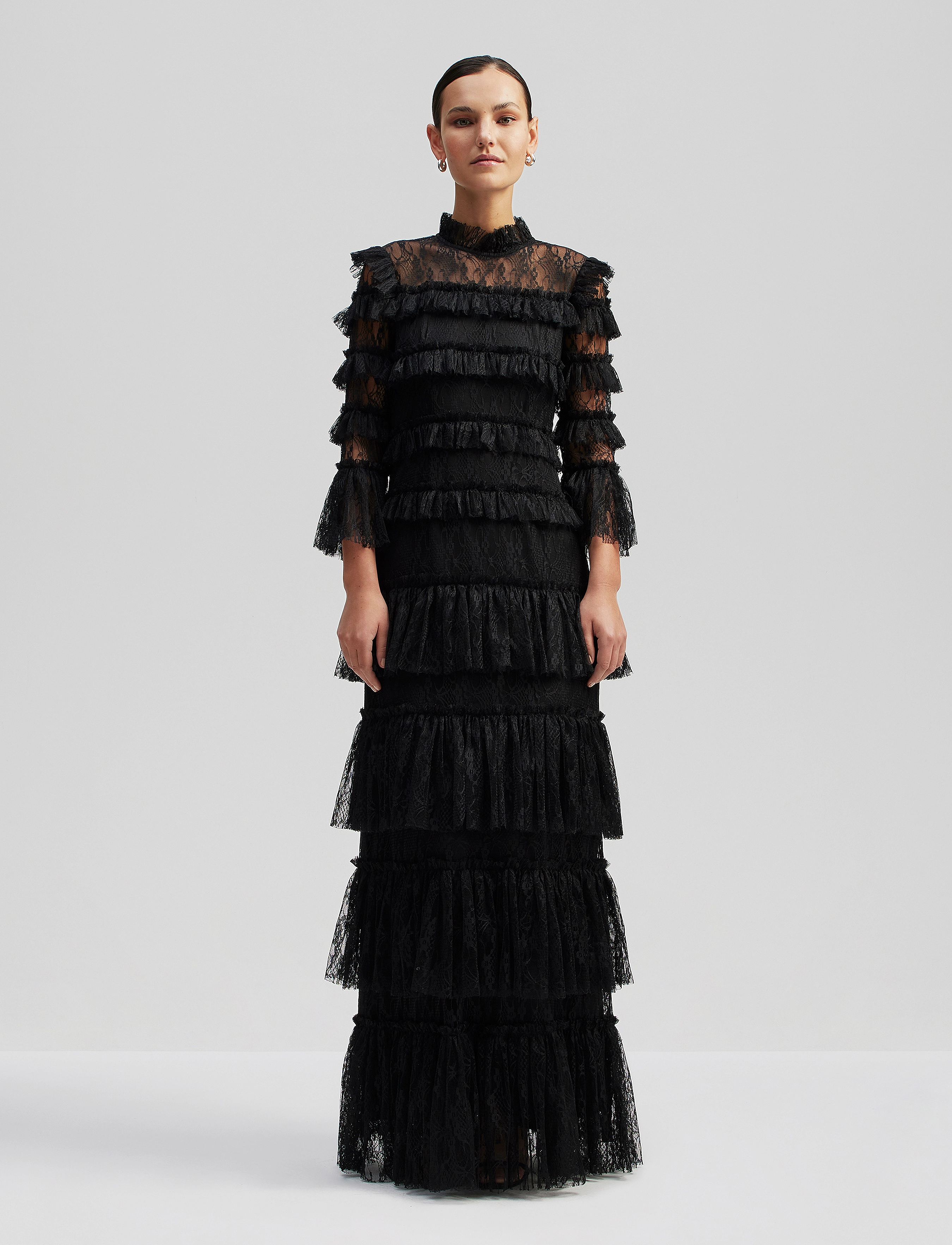 Malina Carmine Long Sleeve Lace Maxi Dress, M, Black, Designere > Maxi Dress, Dame