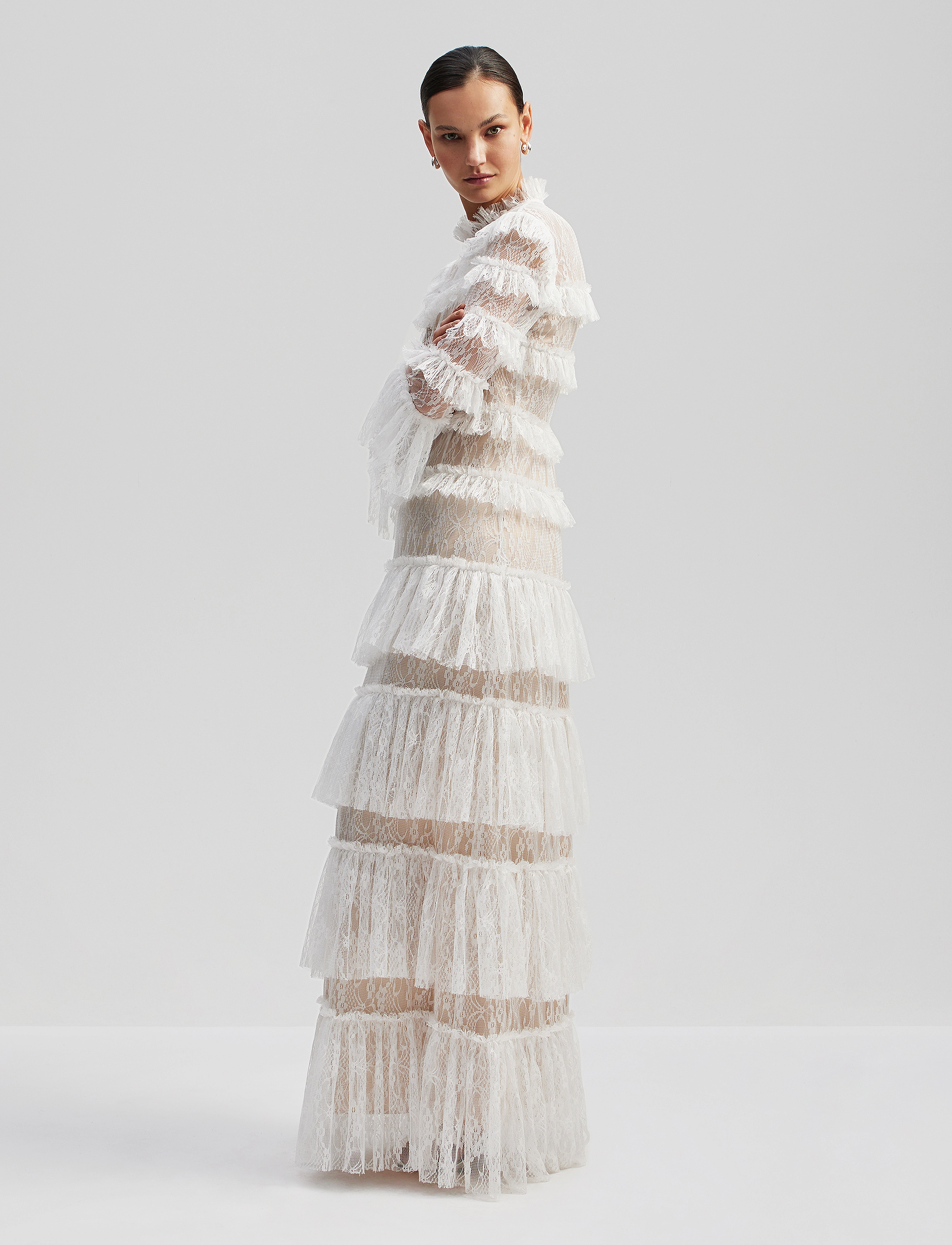Malina - Carmine Long Sleeve Lace Maxi Dress - vakarinės suknelės - cloudy white - 4