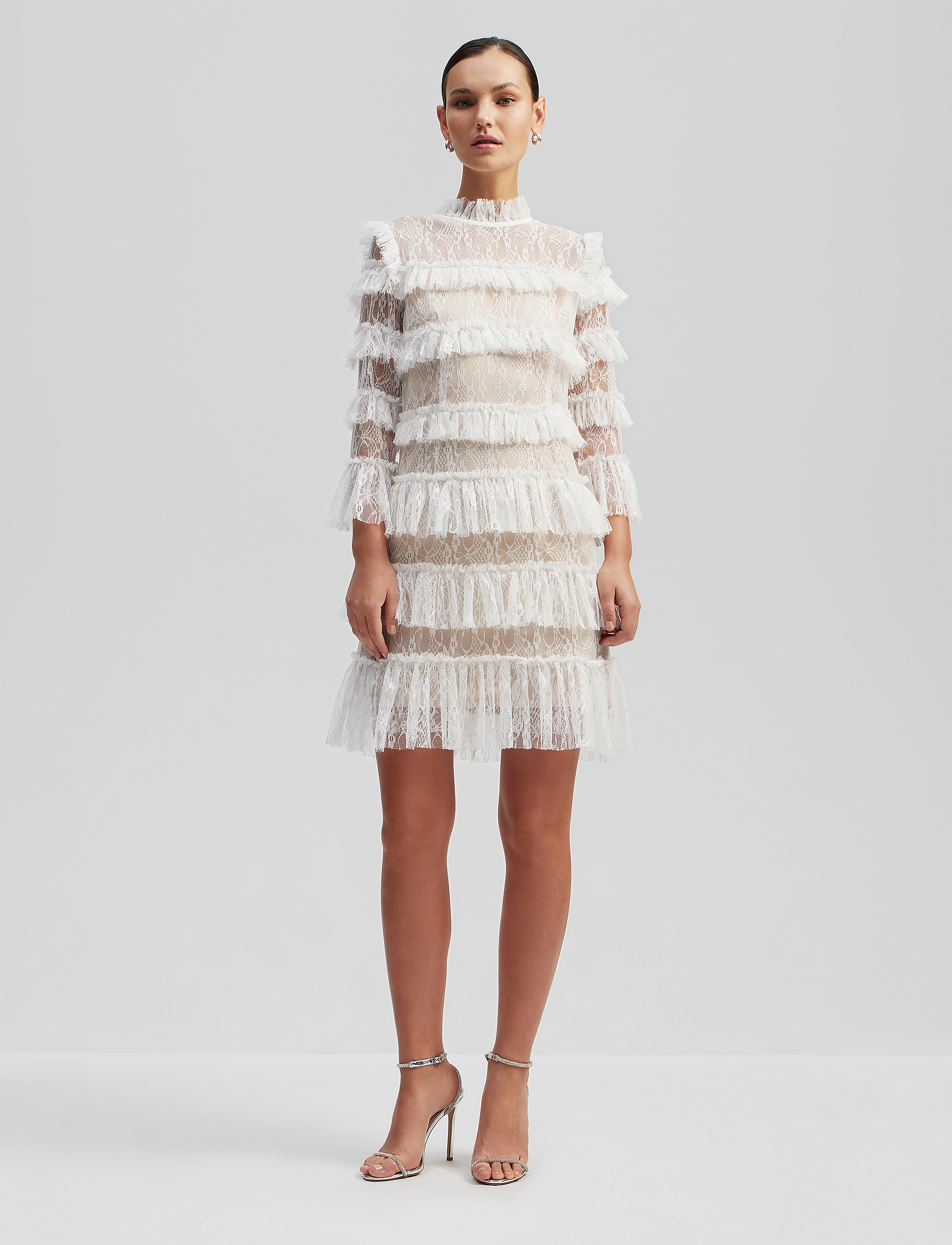 Malina Carmine Frill Lace Mini Dress, L, Cream, Designere > Korte Kjoler, Dame