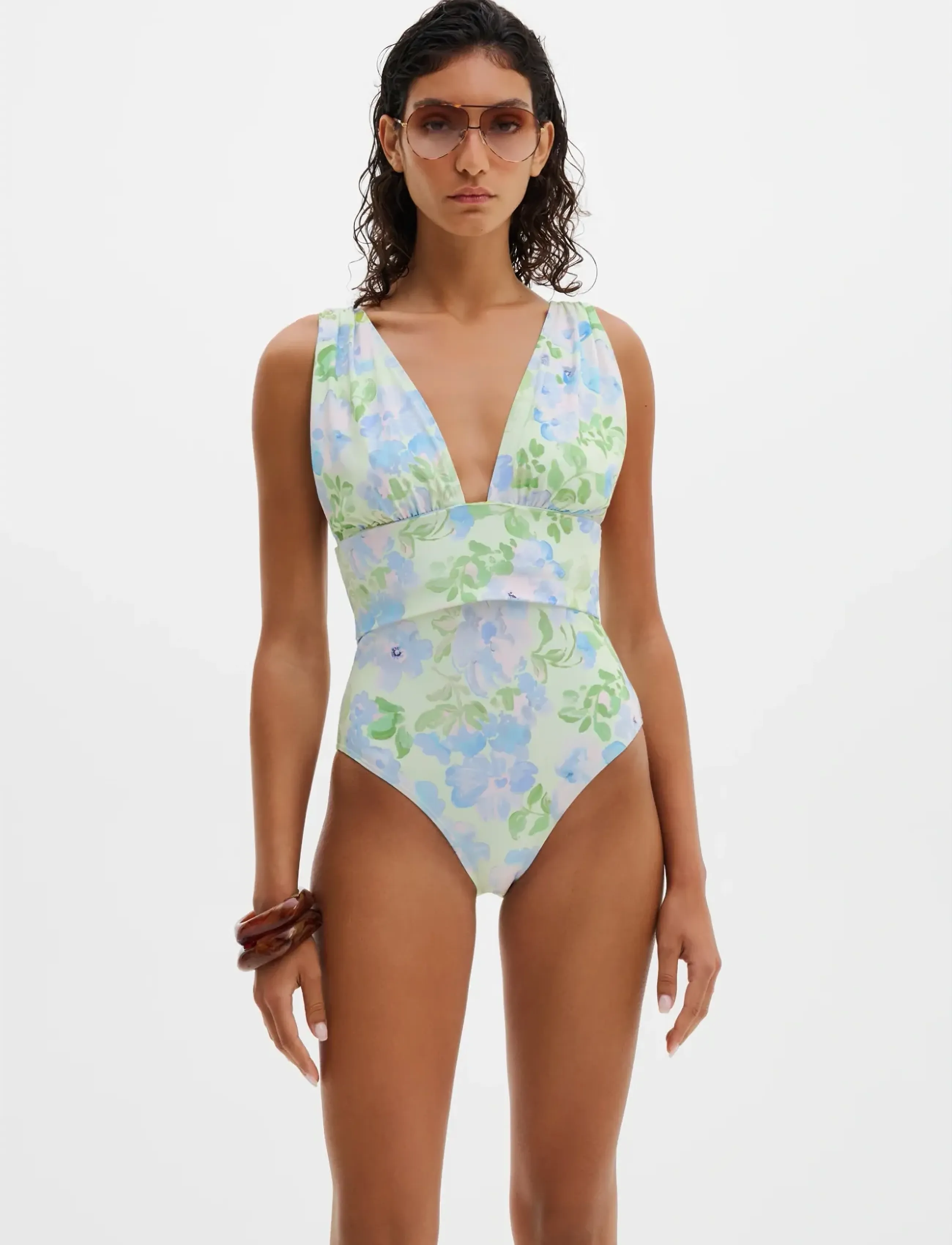 Malina Alvina Open Back Plunge Swimsuit - Malina - PASTEL FLORAL PISTACHIO / green
