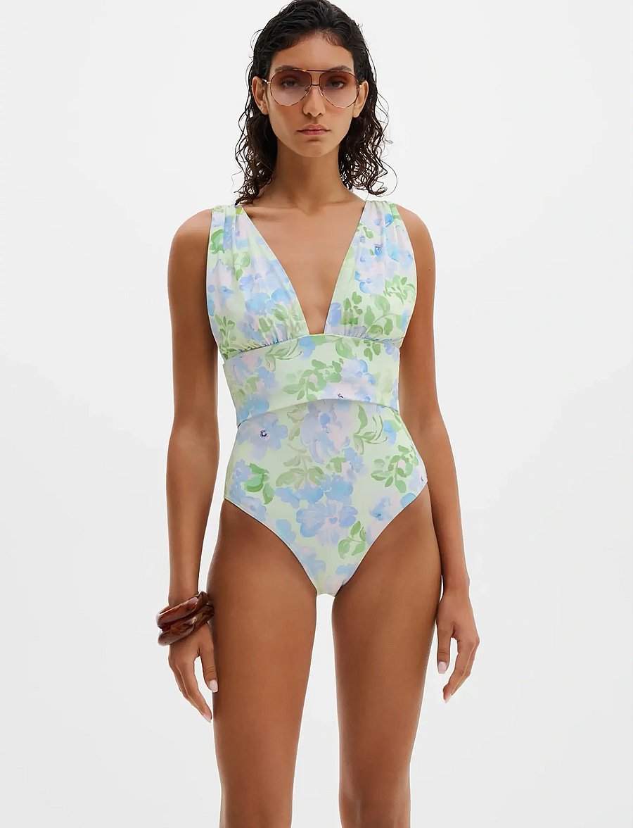 Malina - Alvina Open Back Plunge Swimsuit - ujumistrikood - pastel floral pistachio - 0