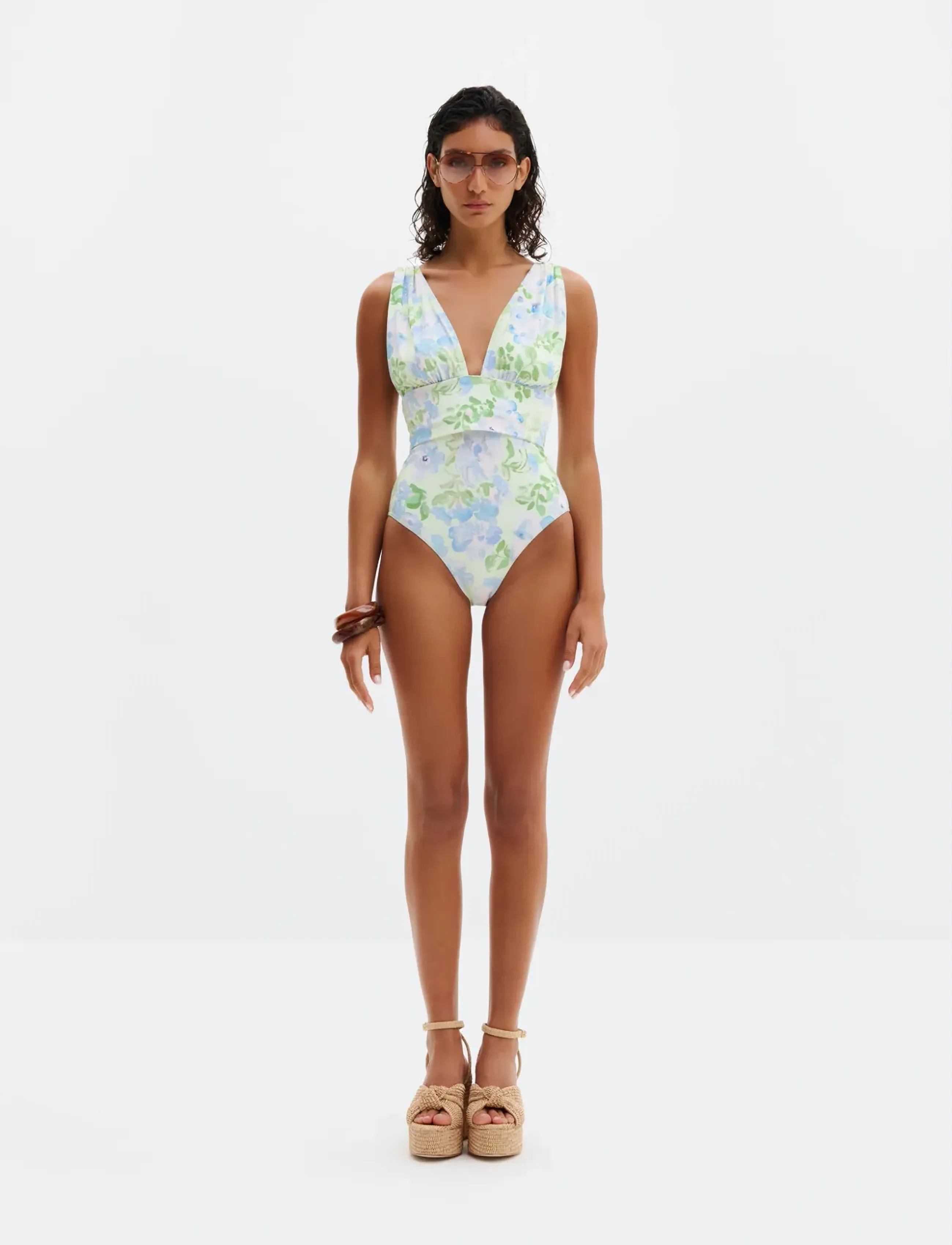 Malina - Alvina Open Back Plunge Swimsuit - ujumistrikood - pastel floral pistachio - 4