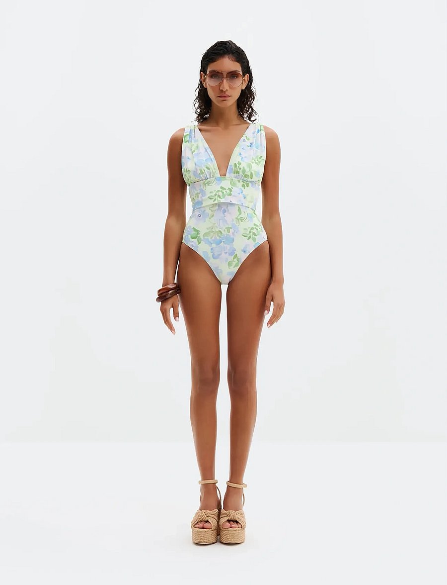 Malina - Alvina Open Back Plunge Swimsuit - ujumistrikood - pastel floral pistachio - 4