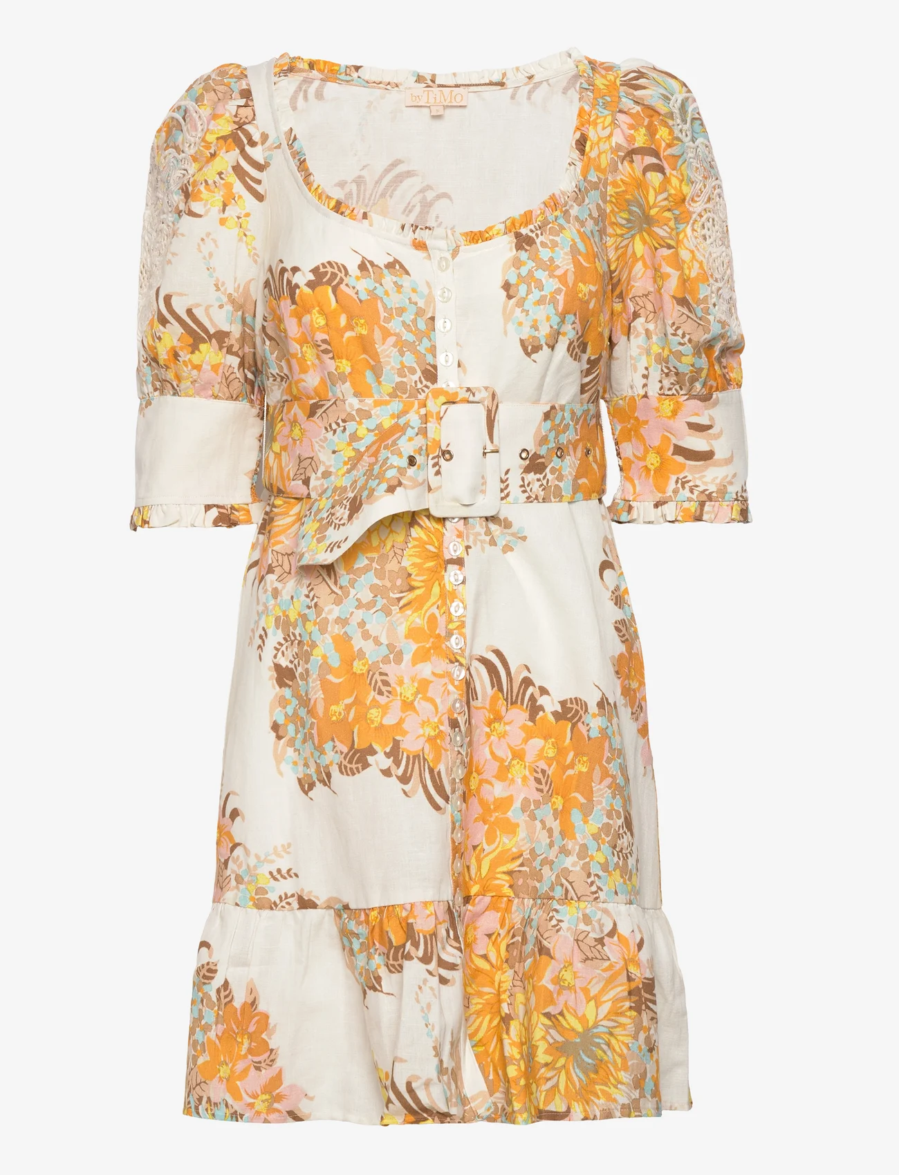 by Ti Mo - Linen Mini Dress - feestelijke kleding voor outlet-prijzen - 504 - yellow bouquet - 0