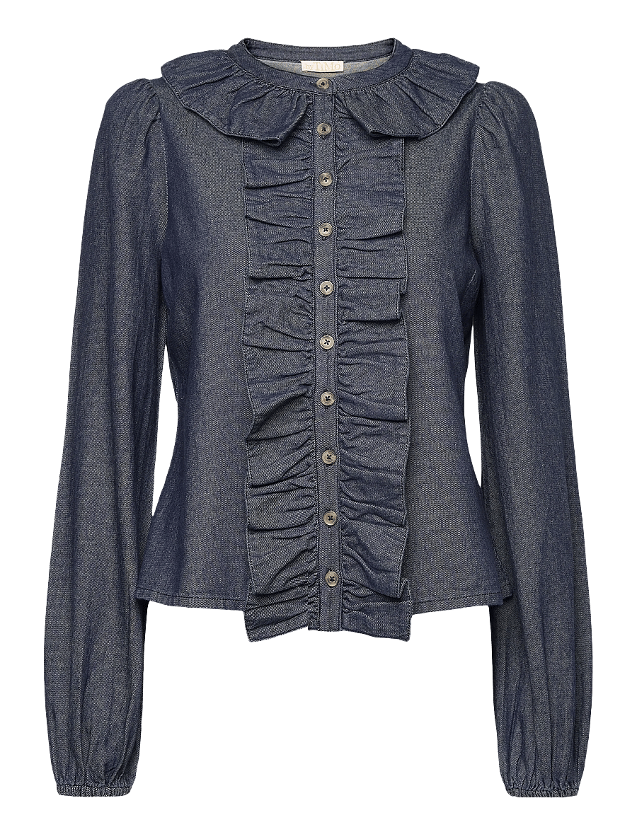 by Ti Mo - Denim Flounce Blouse - långärmade blusar - 095 - dark blue - 1