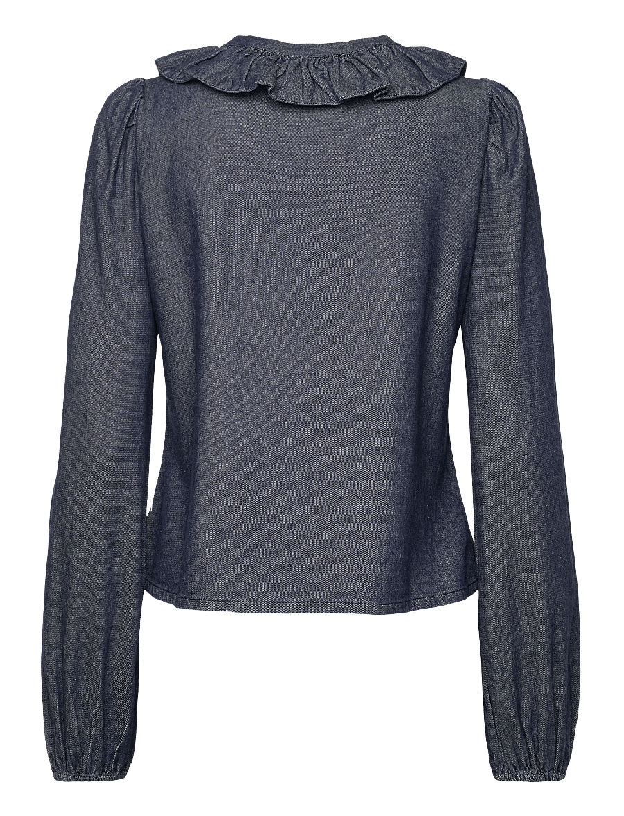 by Ti Mo - Denim Flounce Blouse - långärmade blusar - 095 - dark blue - 2