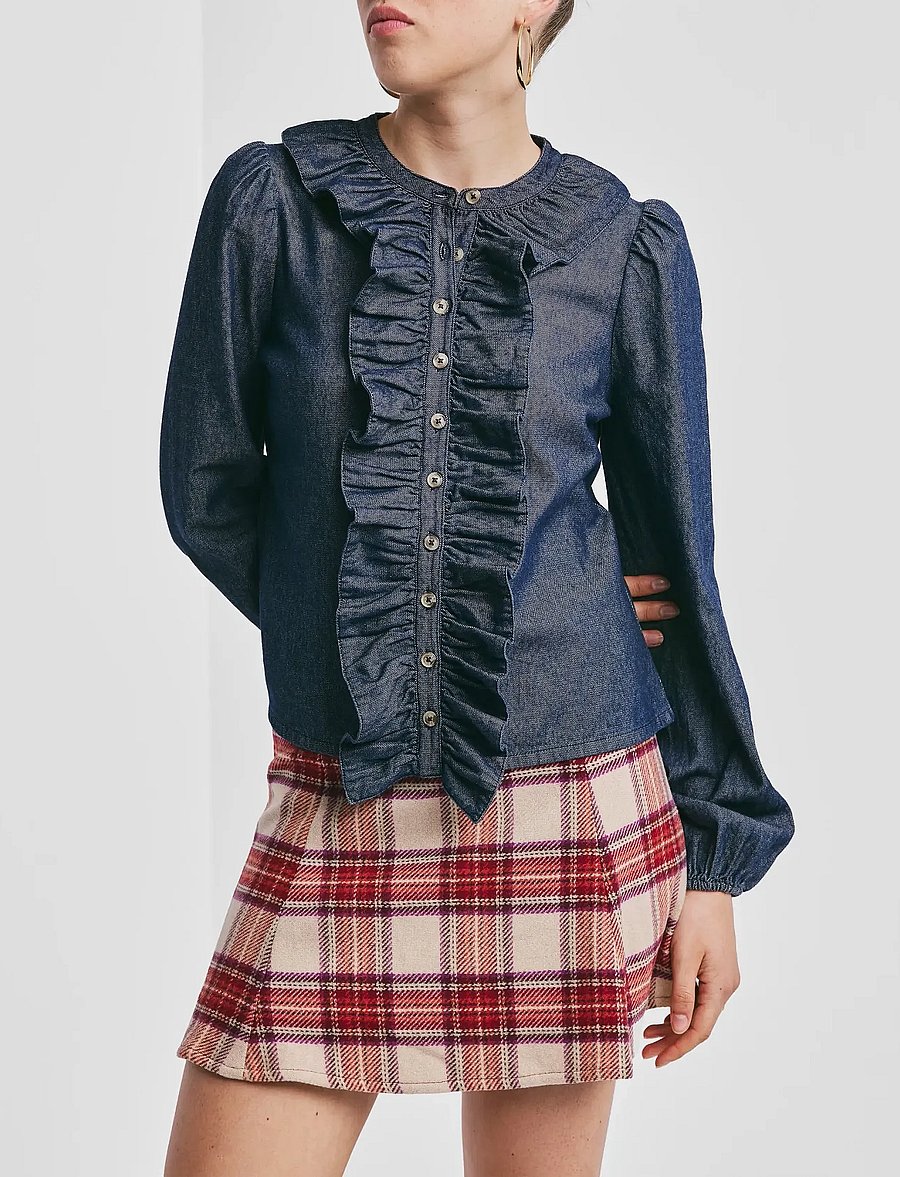 by Ti Mo - Denim Flounce Blouse - långärmade blusar - 095 - dark blue - 0