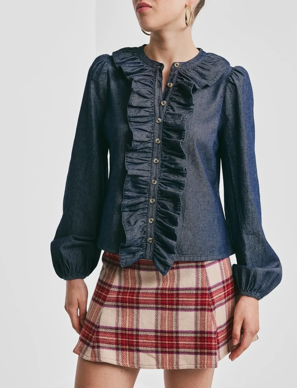 by Ti Mo - Denim Flounce Blouse - langärmlige blusen - 095 - dark blue - 3