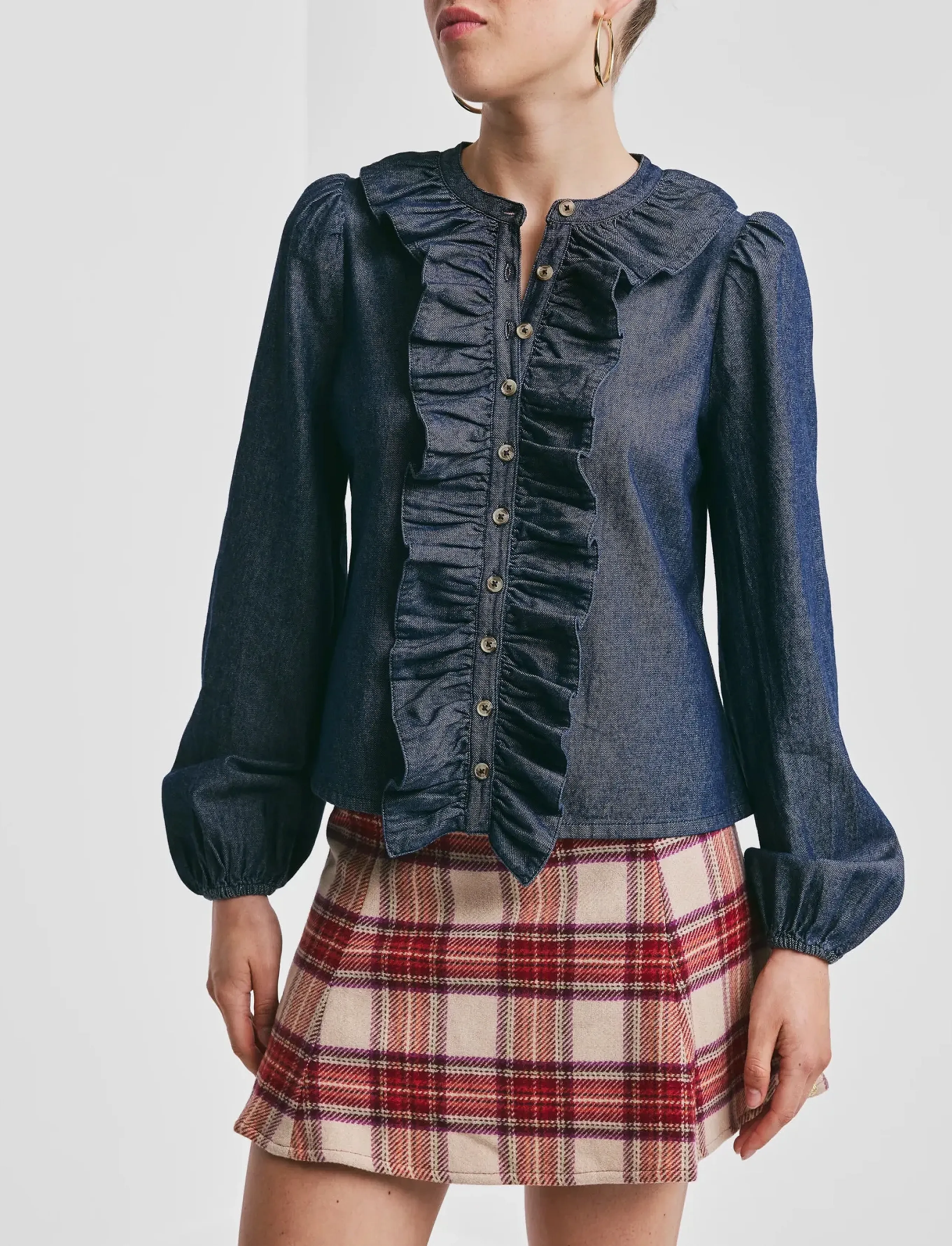 by Ti Mo - Denim Flounce Blouse - pikkade varrukatega pluusid - 095 - dark blue - 3