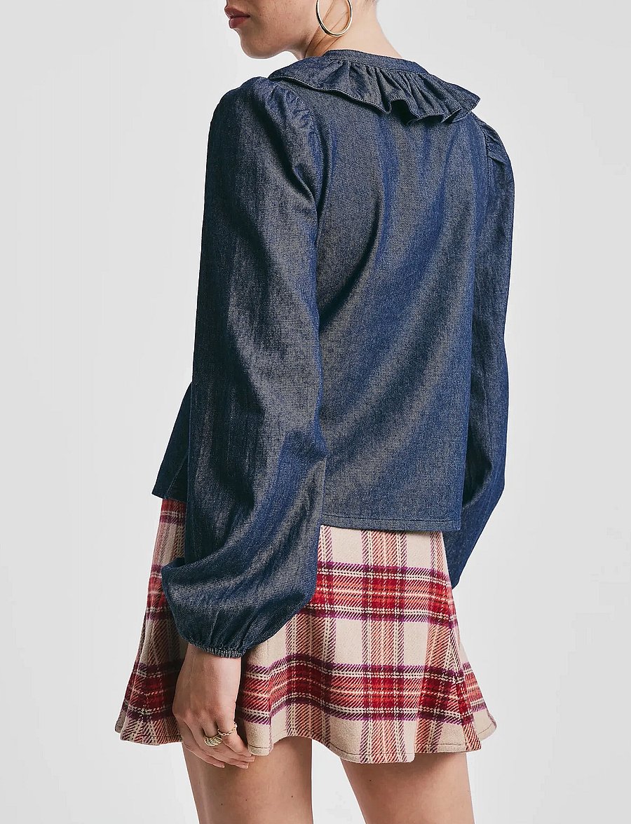 by Ti Mo - Denim Flounce Blouse - långärmade blusar - 095 - dark blue - 4