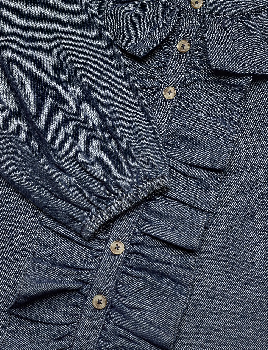 by Ti Mo - Denim Flounce Blouse - långärmade blusar - 095 - dark blue - 5
