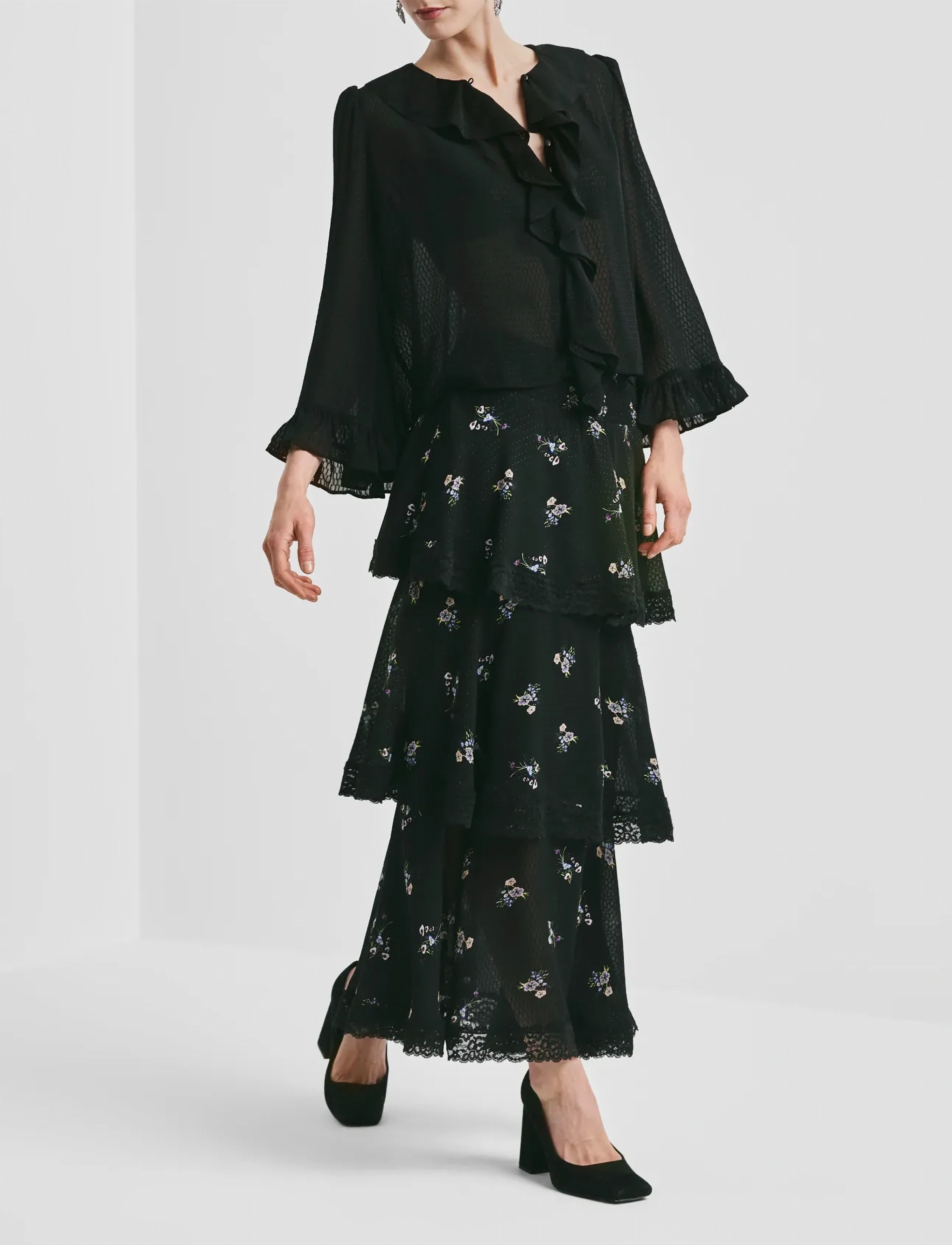 by Ti Mo Georgette Skirt - Maxi nederdele - 499 - FLOWER FIELD / black