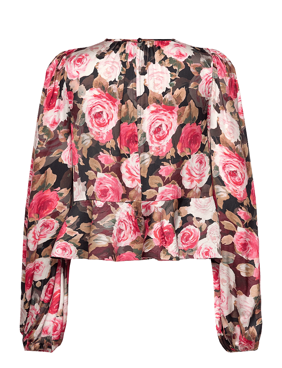 by Ti Mo - Satin Flounce Top - långärmade blusar - 549 - midnight roses - 1