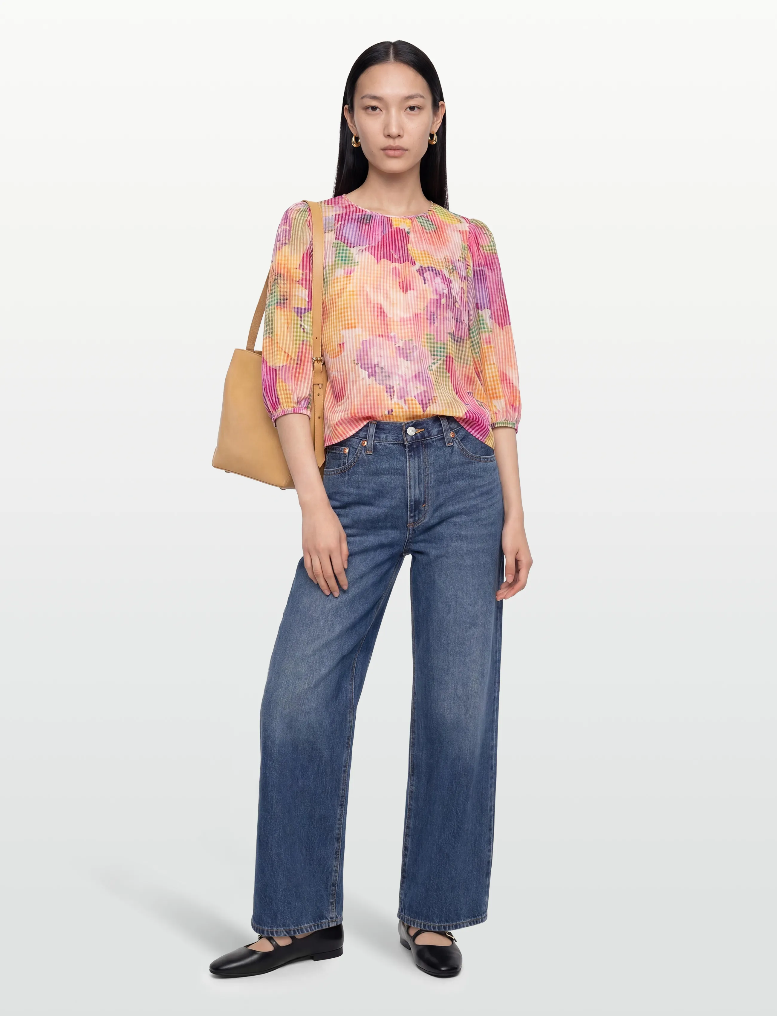 by Ti Mo Checks Top, Kvinder, Pufærmet Gingham Blomstret Top, Pink, Str: M
