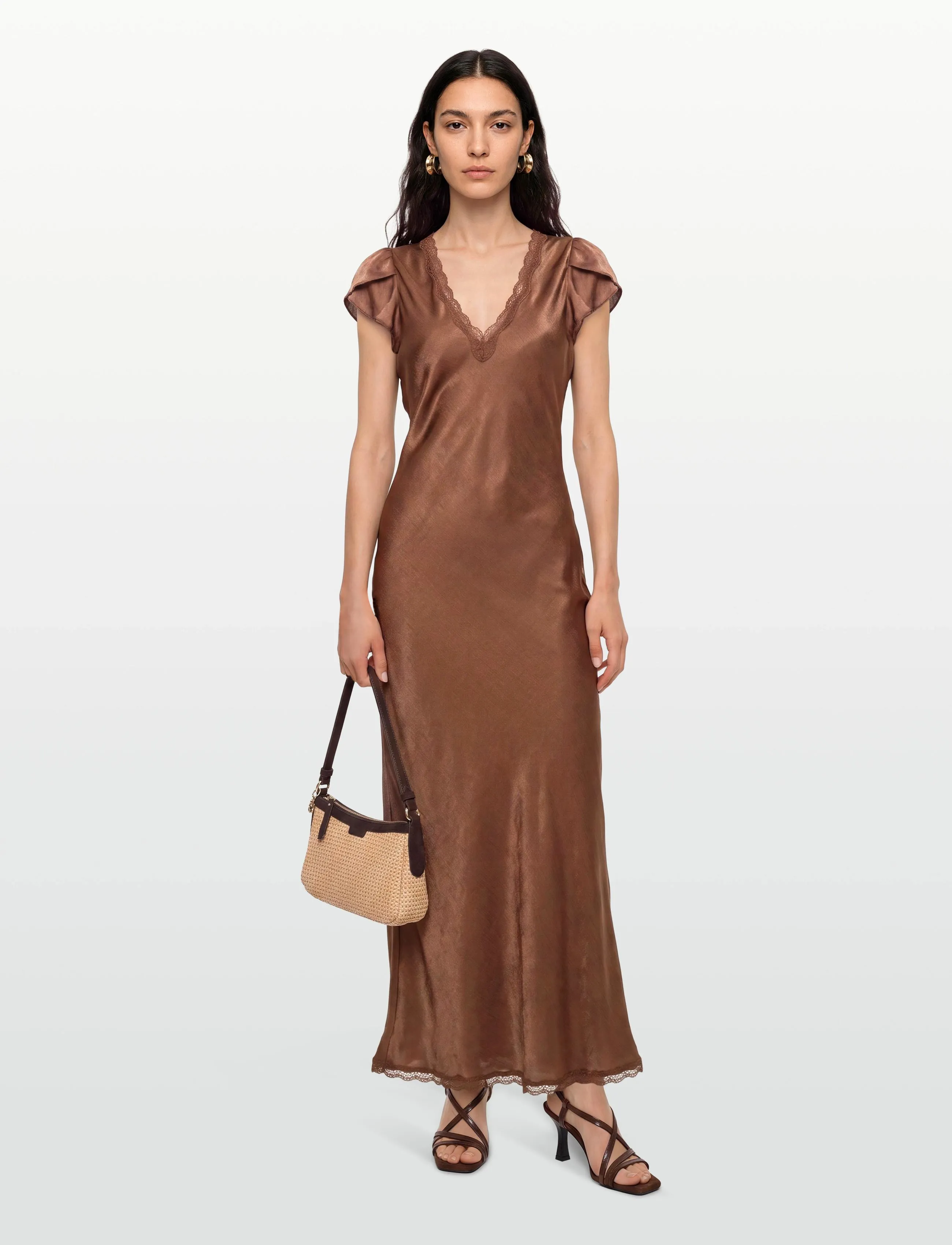 by Ti Mo Shiny V-Neck Dress, S, Dresses, Braun - Knee-length & Midi, Frauen
