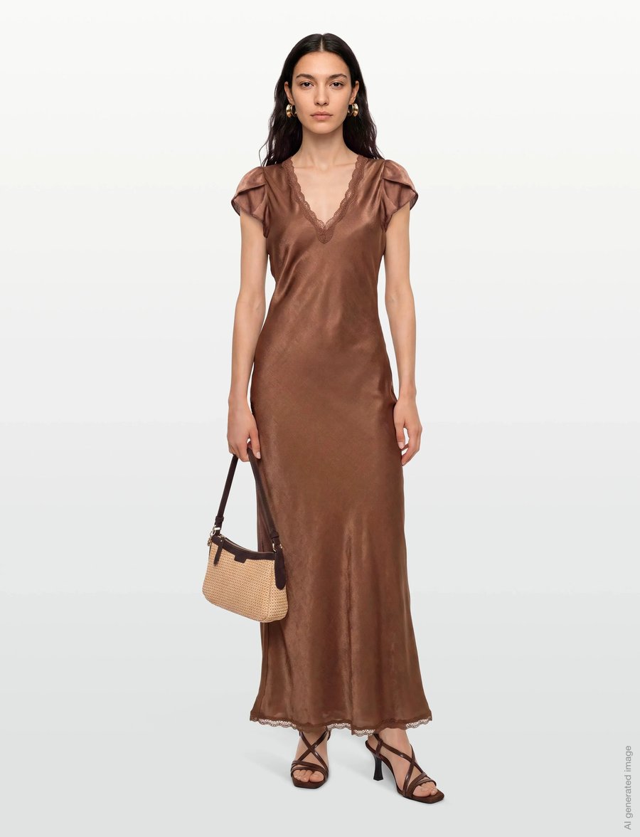 by Ti Mo - Shiny V-Neck Dress - etuikleider - 008 - brown - 0