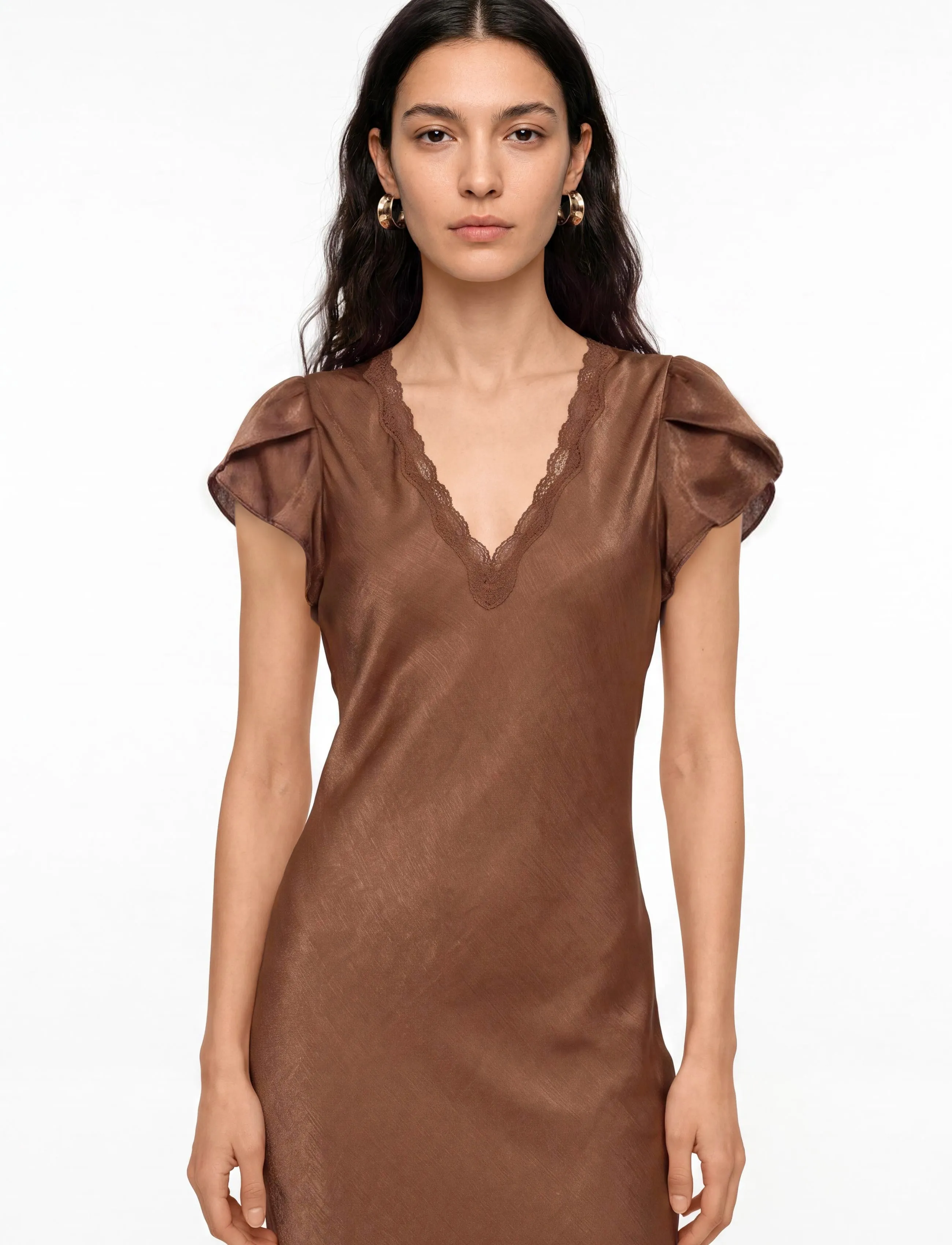 by Ti Mo - Shiny V-Neck Dress - etuikleider - 008 - brown - 3