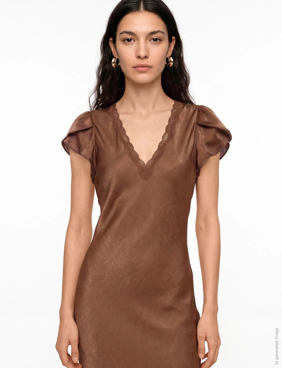 by Ti Mo - Shiny V-Neck Dress - etuikleider - 008 - brown - 3