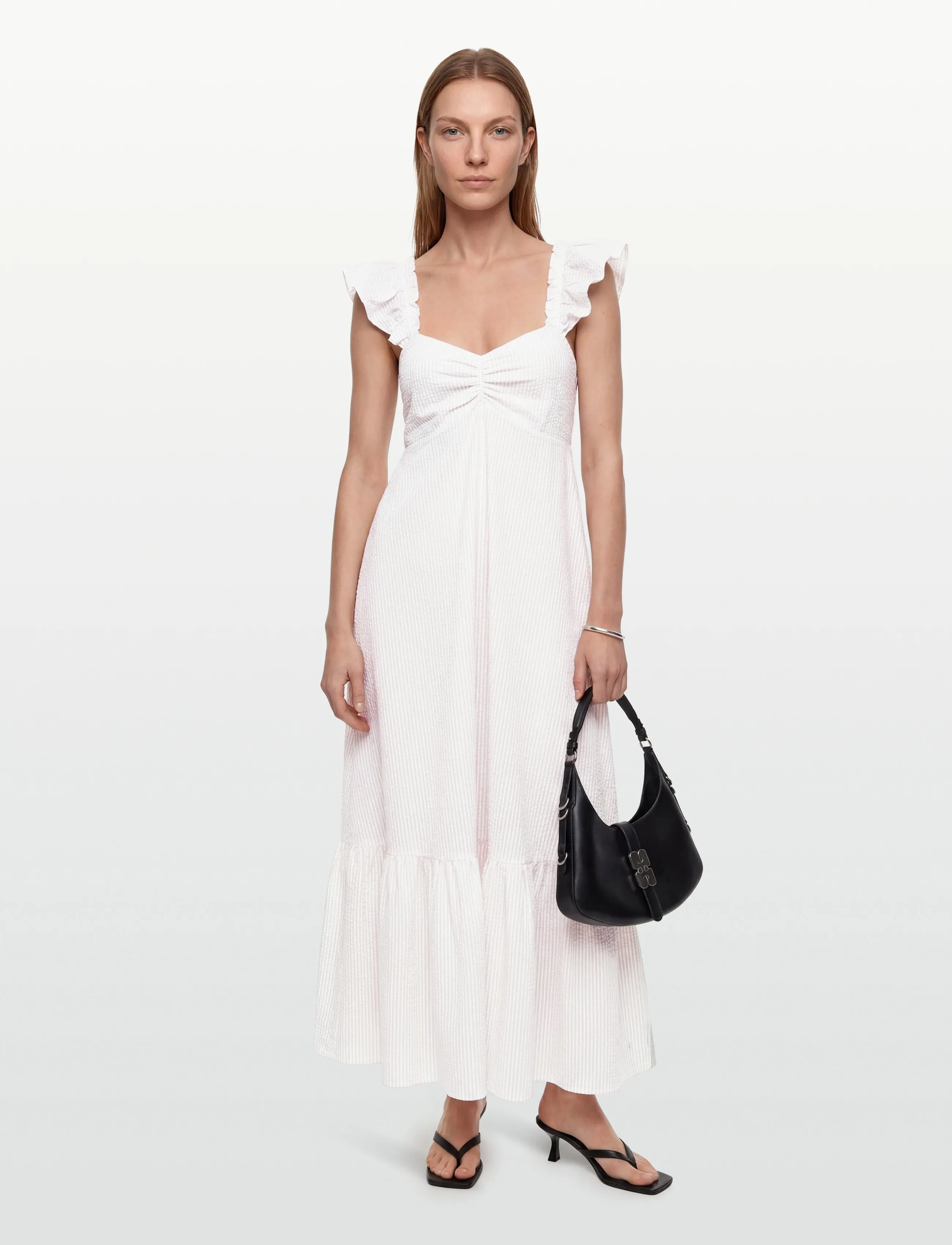 by Ti Mo Seersucker Ruffle Dress, XL, Dresses, Weiß - Knee-length & Midi, Frauen