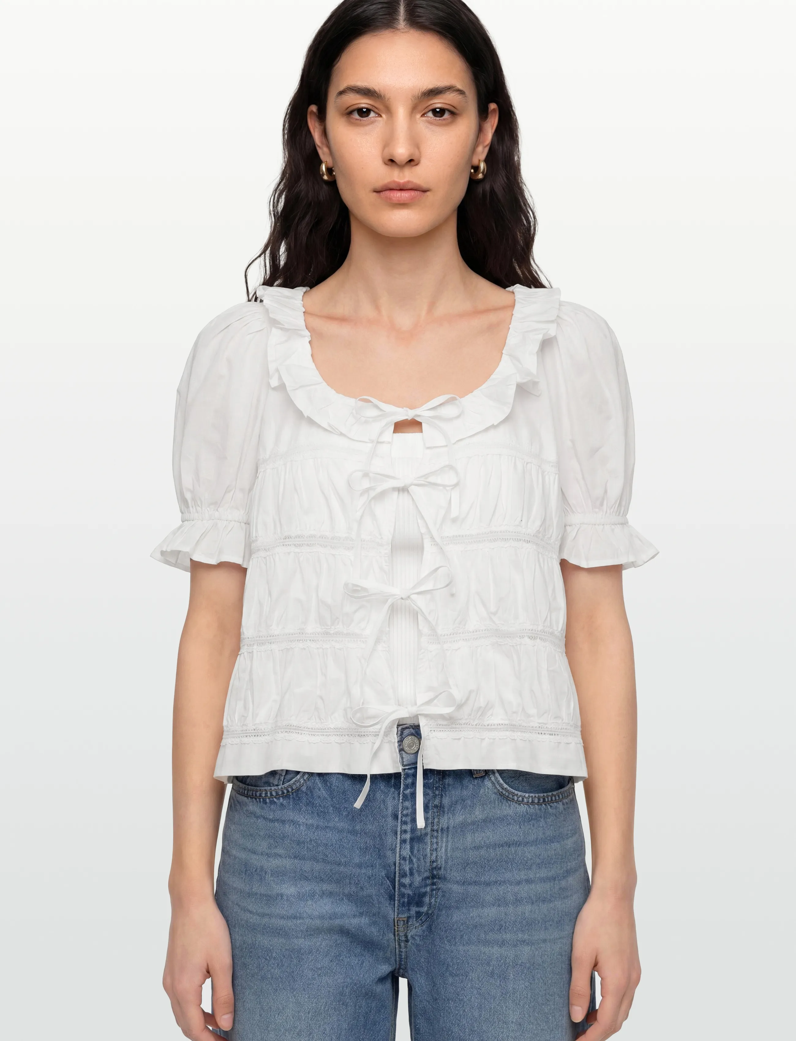 by Ti Mo - Poplin Bow Blouse - kortärmade blusar - 001 - white - 3