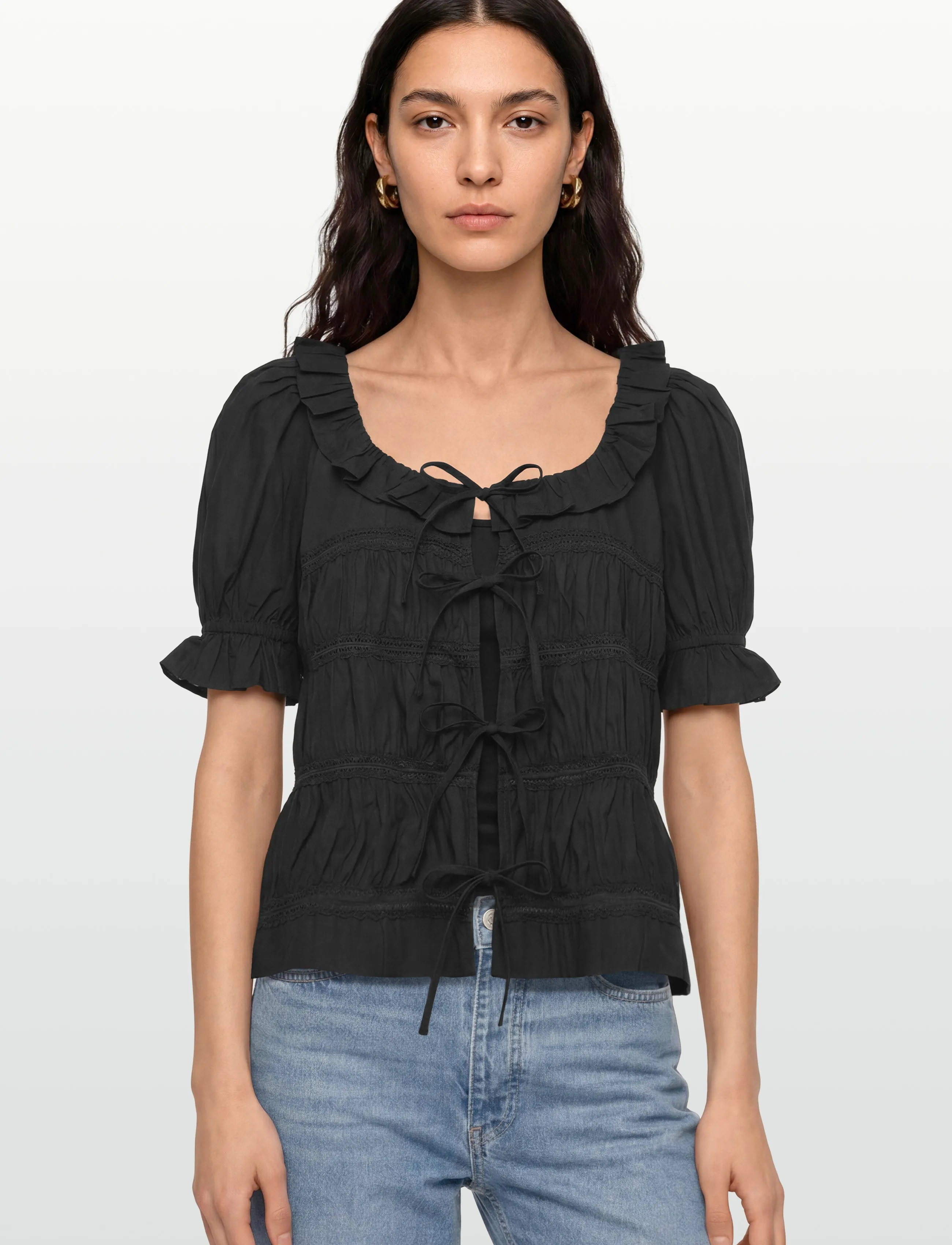 by Ti Mo - Poplin Bow Blouse - kurzärmelige blusen - 099 - black - 3