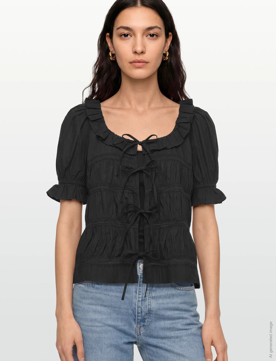 by Ti Mo - Poplin Bow Blouse - kurzärmelige blusen - 099 - black - 3