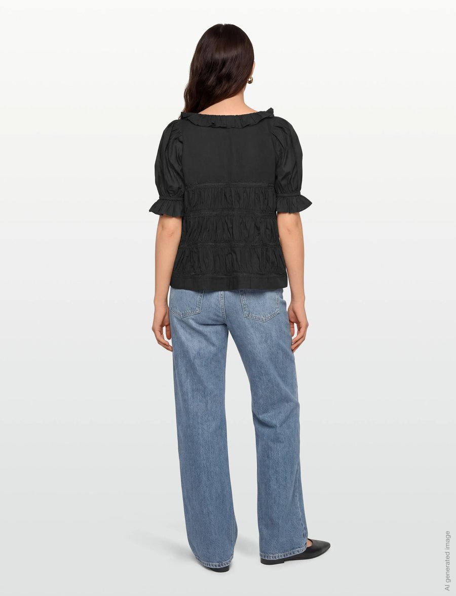 by Ti Mo - Poplin Bow Blouse - kurzärmelige blusen - 099 - black - 4