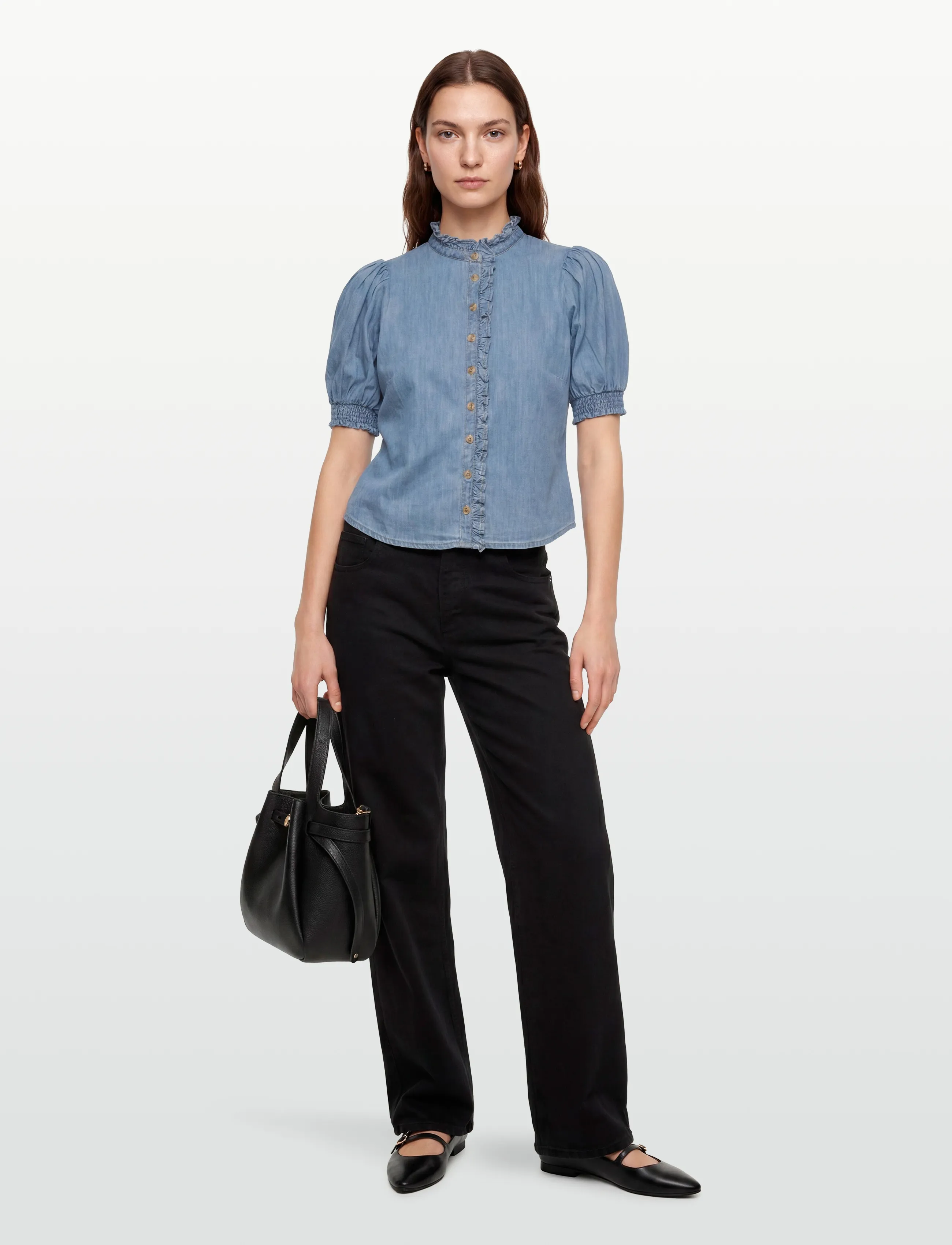by Ti Mo Denim Blouse, Kvinder, Flæset Denim Bluse, Blå, Str: L