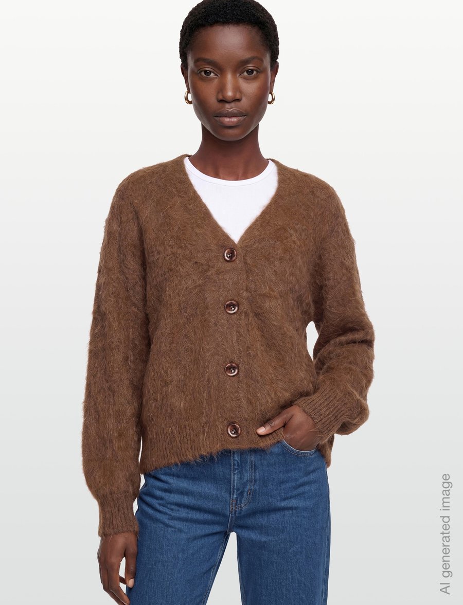 by Ti Mo - Hairy Knit V-Neck Jacket - wool jackets - 008 - brown - 3