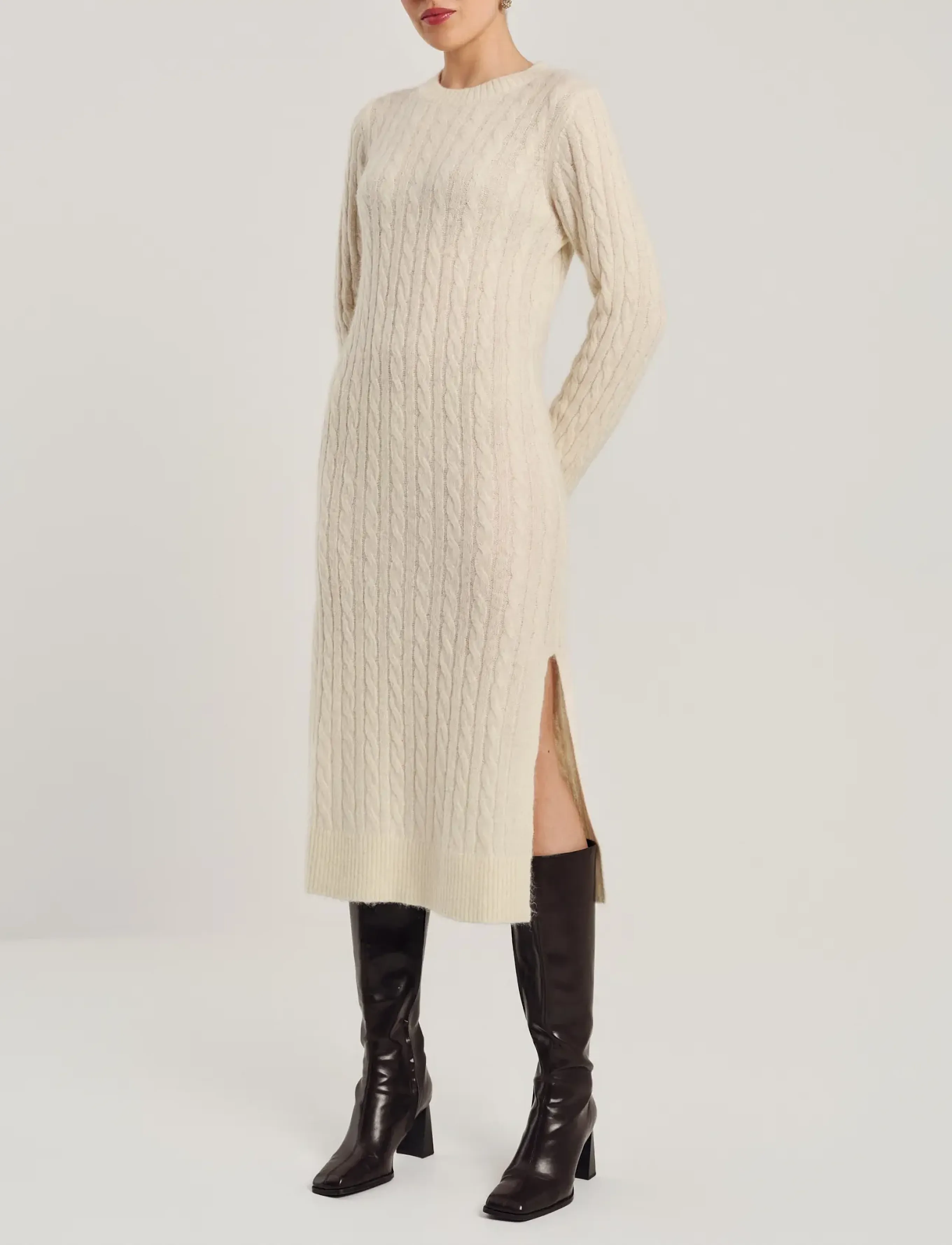 by Ti Mo Cable Knit Midi Dress - Transitional Layering - OFF WHITE / cream