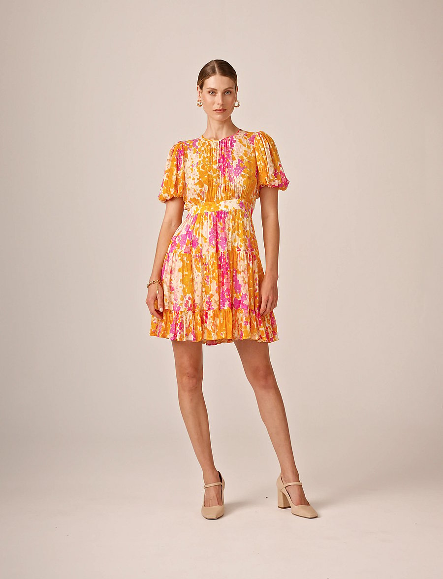 georgette short dresses Shirred tiered silk georgette mini dress - pastel orange