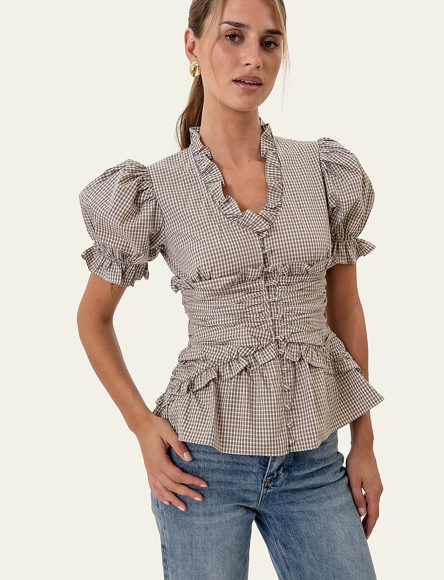 BYIC - ArielIC Blouse - short-sleeved blouses - brown checks - 4