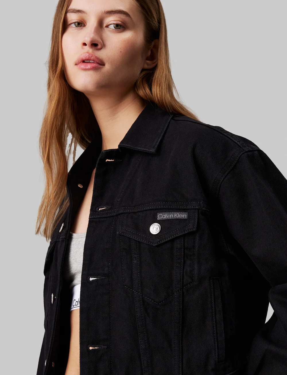 Calvin klein women's denim trucker jacket clearance