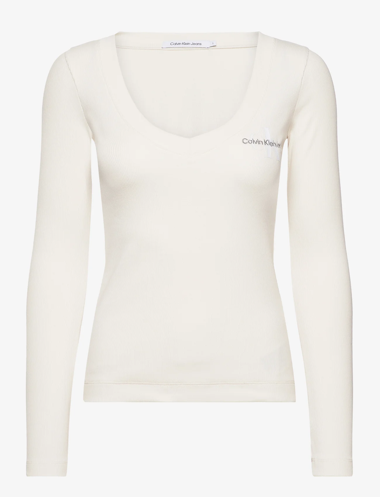 Calvin Klein Jeans - RIB V-NECK MONOLOGO LONG SLEEVE - long-sleeved tops - ivory - 0
