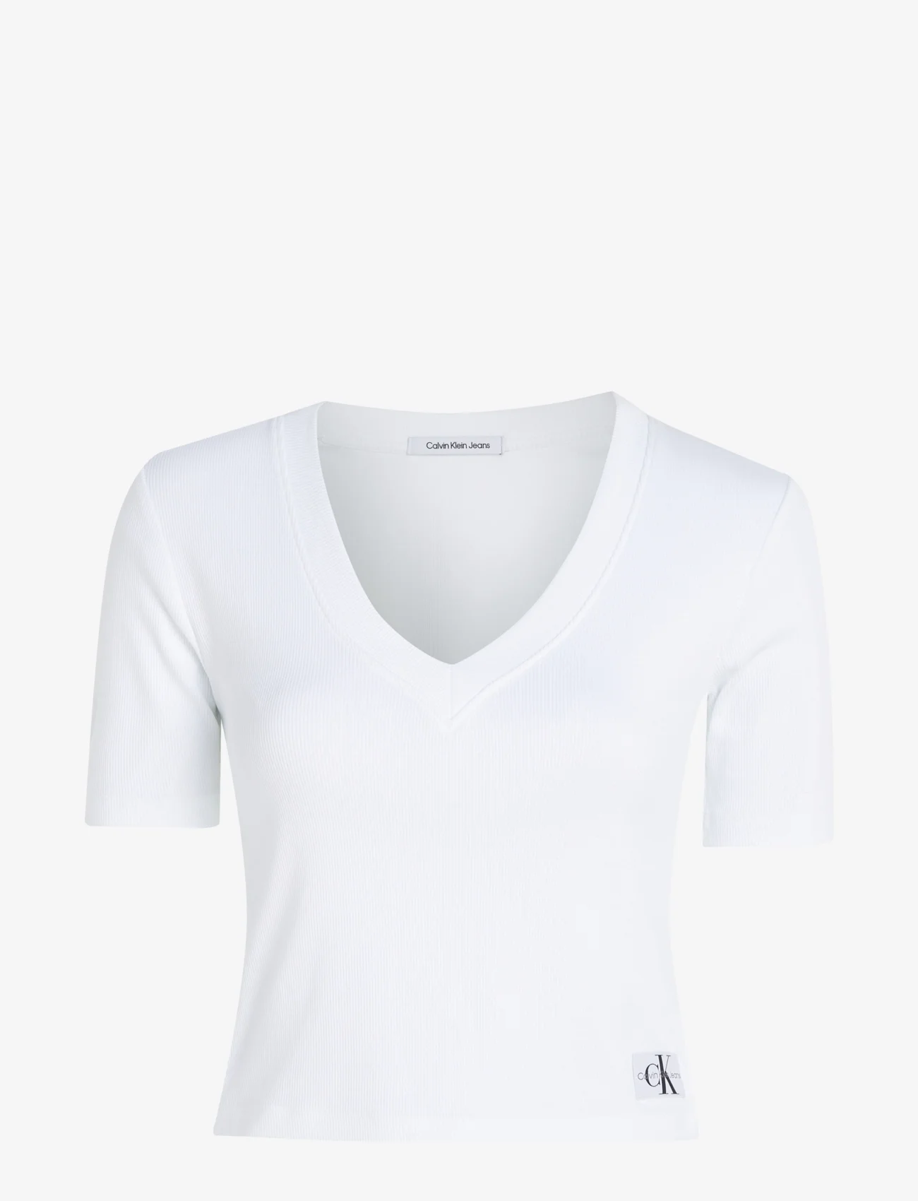 Calvin Klein Jeans - WOVEN LABEL RIB V-NECK TEE - t-shirts & topper - bright white - 0