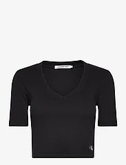 Calvin Klein Jeans - WOVEN LABEL RIB V-NECK TEE - t-shirts & topper - ck black - 0