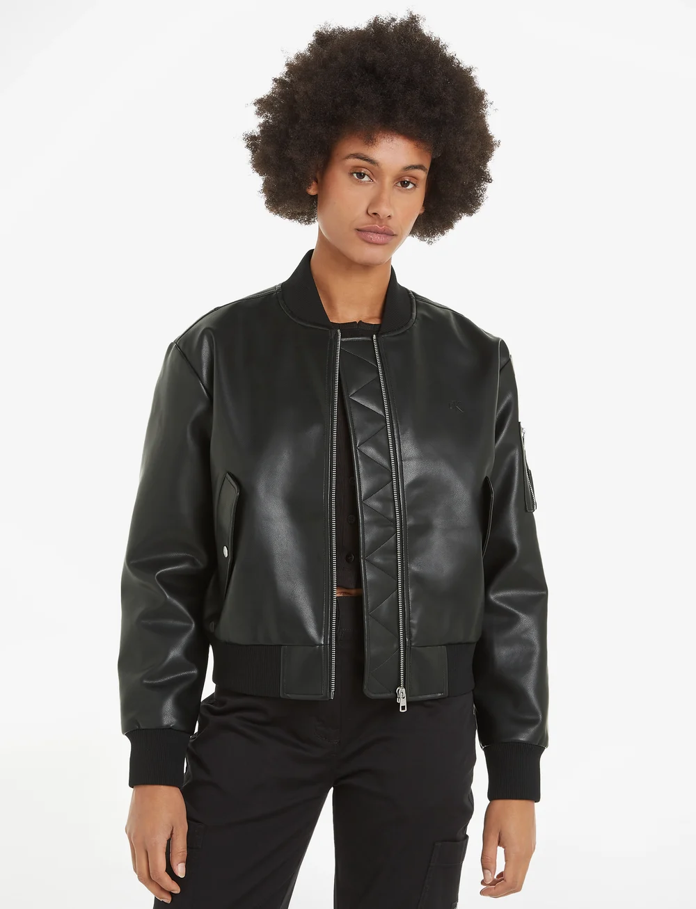 Calvin klein faux leather bomber jacket discount
