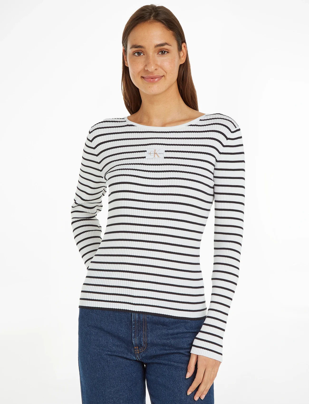Calvin Klein Jeans - WOVEN LABEL TIGHT SWEATER - long-sleeved tops - ck black / bright white striped - 1