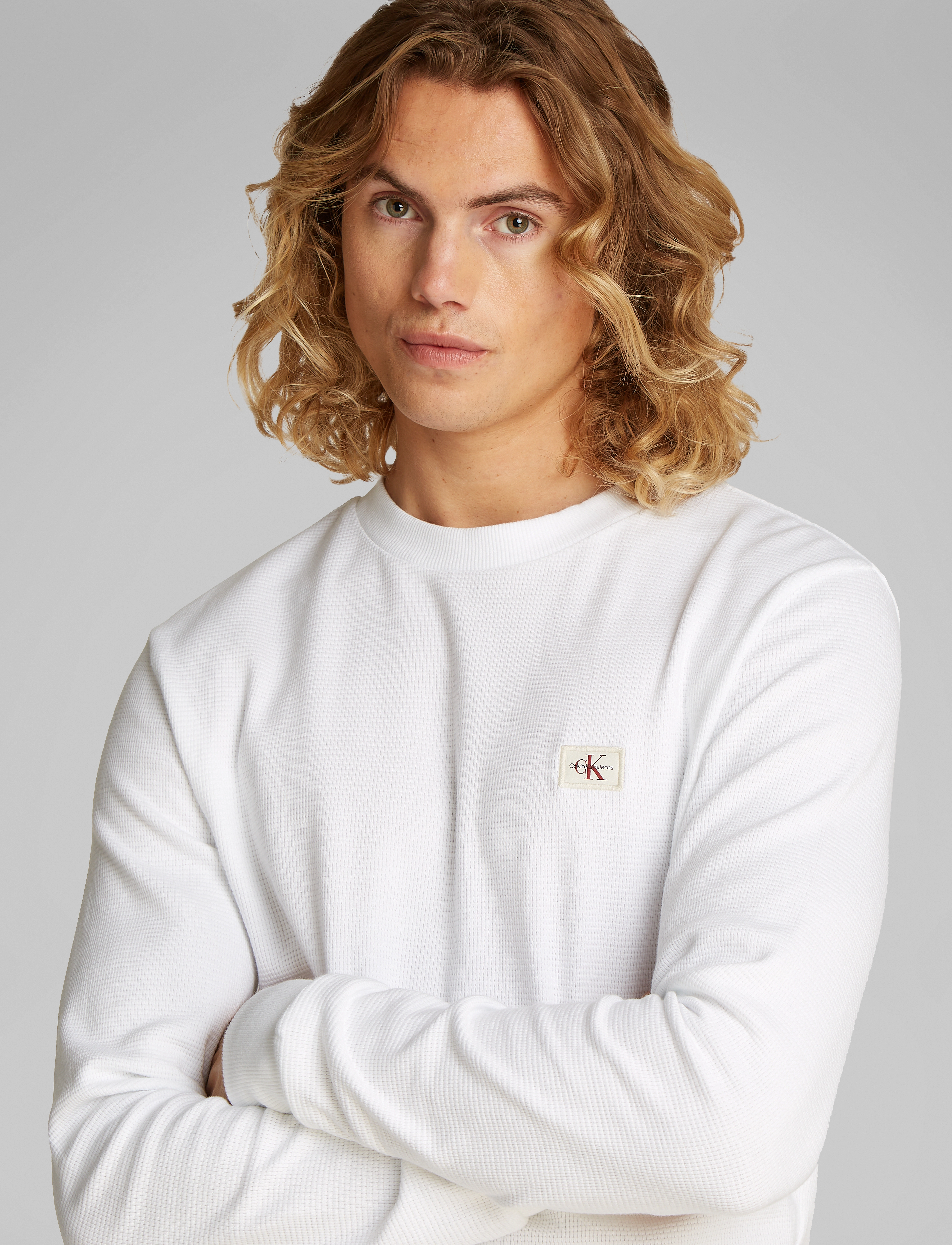 Calvin Klein Jeans WOVEN LABEL WAFFLE LS TEE - Tøj - BRIGHT WHITE / white