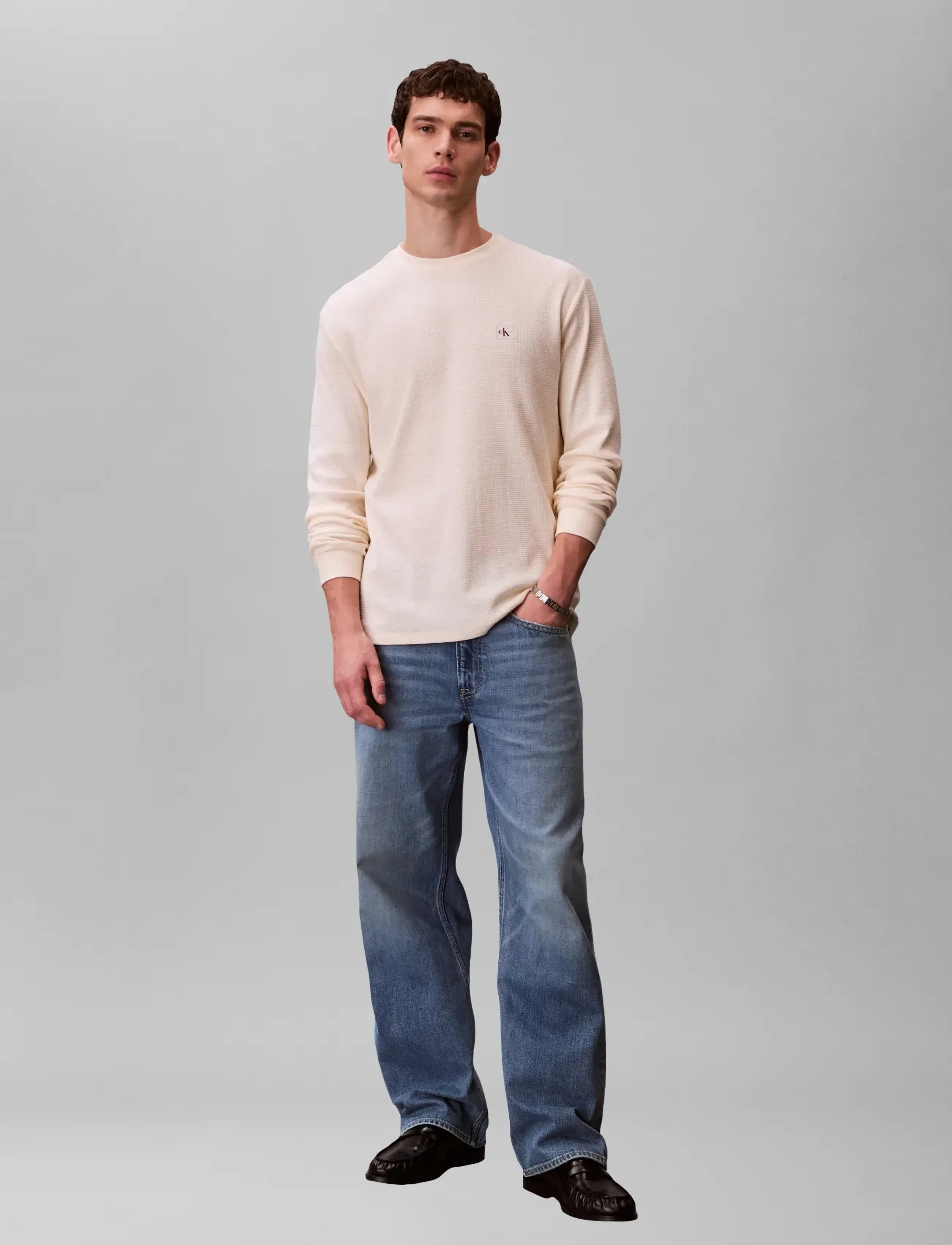 Calvin Klein Jeans LS WAFFLE BADGE CREWNK TEE - T-krekli - CALICO / cream